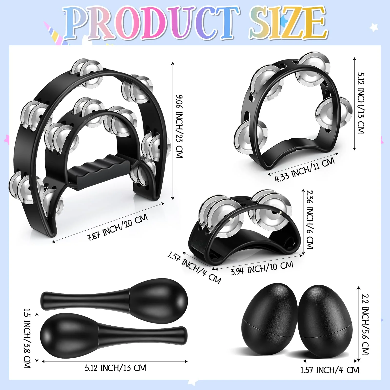 7 Pcs Tambourines for Adults, Metal Jingles Hand Held Percussion Half Moon Tambourine Foot Tambourine Sand Hammer Egg Shakers for Church KTV School Party Music Supplies - Image 2