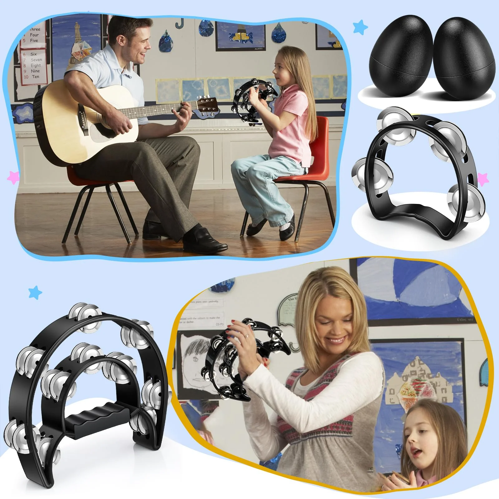 7 Pcs Tambourines for Adults, Metal Jingles Hand Held Percussion Half Moon Tambourine Foot Tambourine Sand Hammer Egg Shakers for Church KTV School Party Music Supplies - Image 4