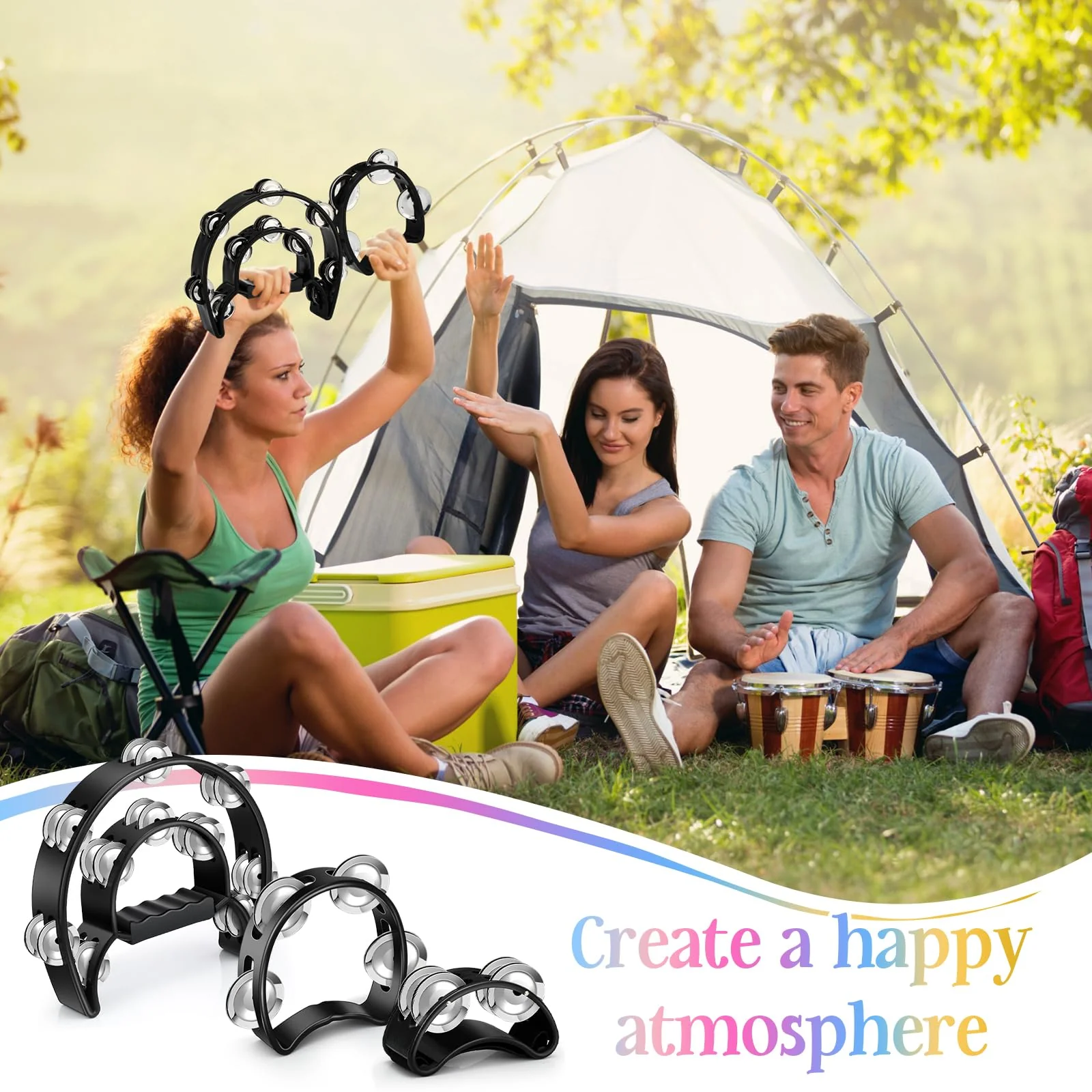 7 Pcs Tambourines for Adults, Metal Jingles Hand Held Percussion Half Moon Tambourine Foot Tambourine Sand Hammer Egg Shakers for Church KTV School Party Music Supplies - Image 5