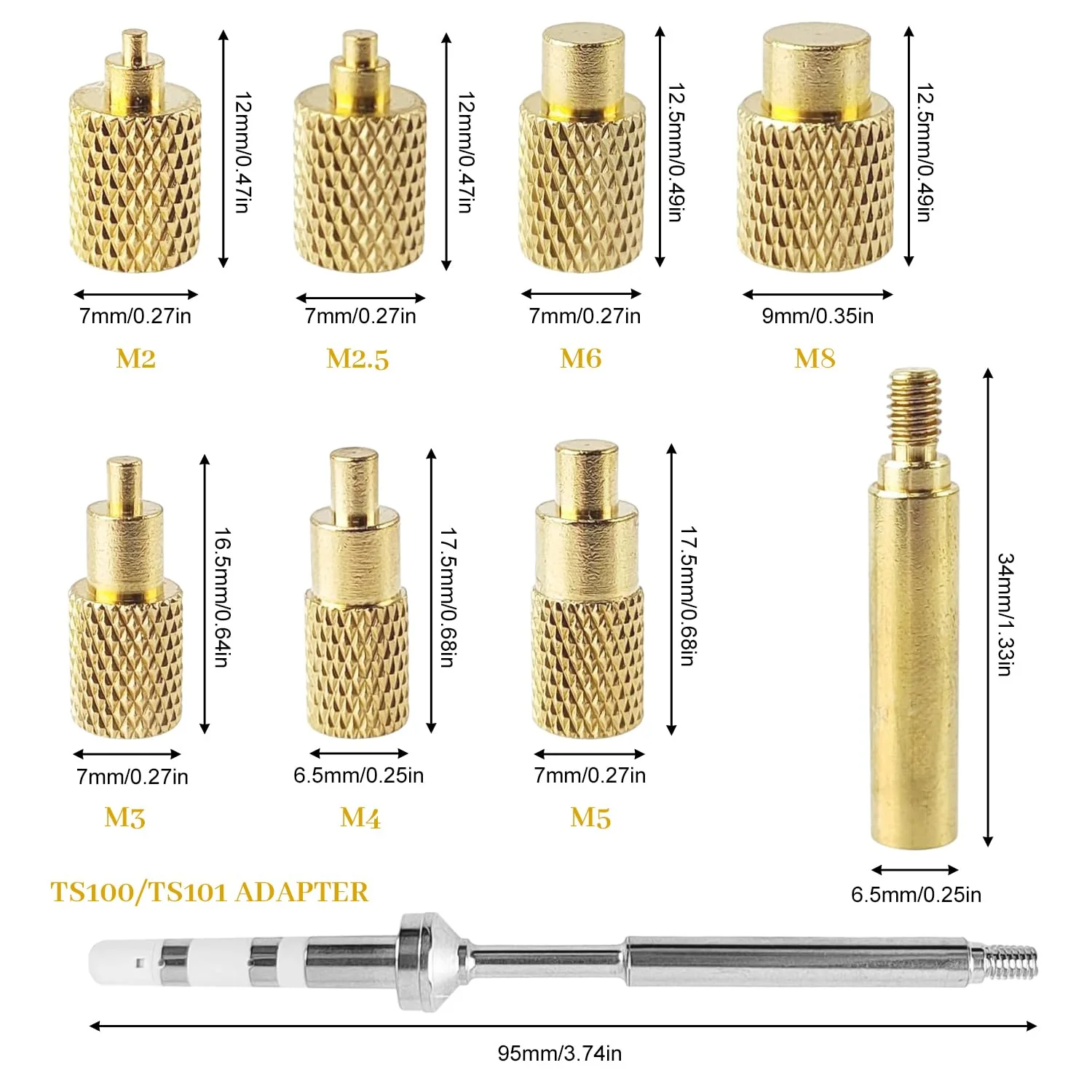 7-Piece Soldering Tips and Melting Thread Set, M2 / M2.5 / M3 / M4 / M5 / M6 / M8, Brass, with Adapter, for TS100/TS101 Soldering Tips, Interchangeable with Standard 936 Universal Tips (Yellow) Yellow - Image 2