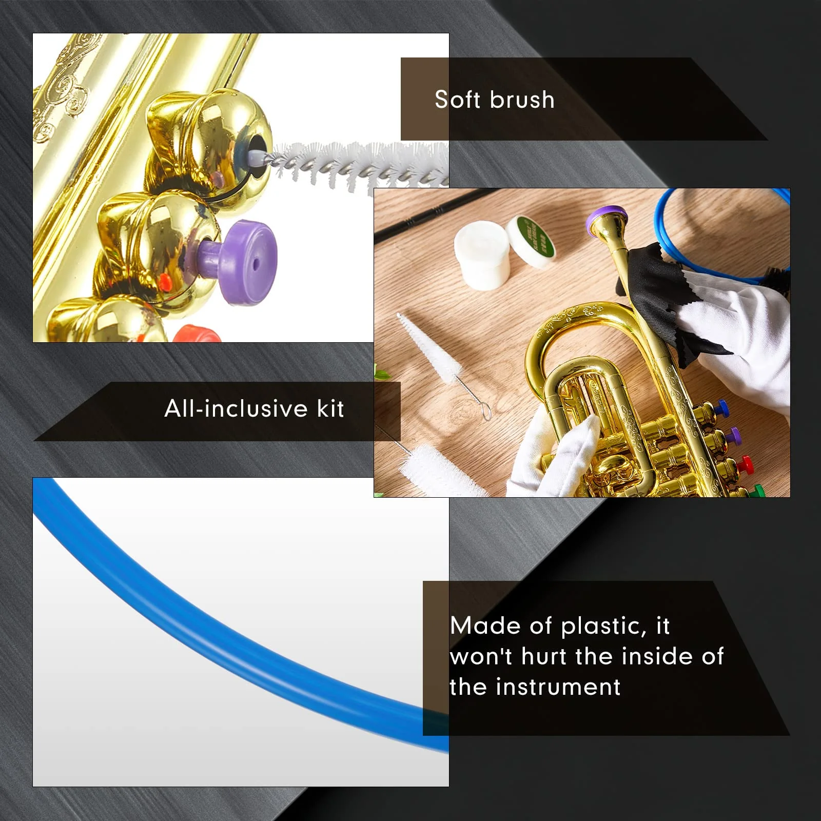 7 Pieces Trombone Care Cleaning Kit Maintenance Kit Flexible Brush Slide Grease Mouthpiece Brush Valve Cleaning Cloth Casing Brush Cleaning Rod White Gloves for Instruments - Image 3