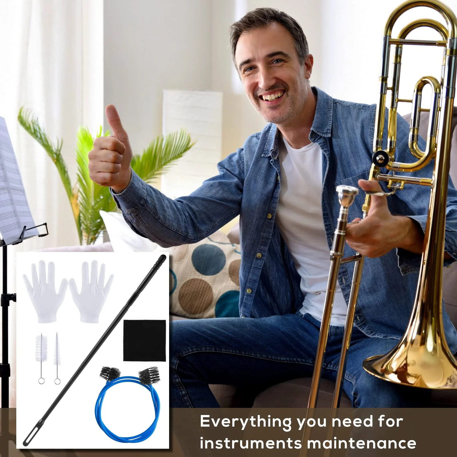 7 Pieces Trombone Care Cleaning Kit Maintenance Kit Flexible Brush Slide Grease Mouthpiece Brush Valve Cleaning Cloth Casing Brush Cleaning Rod White Gloves for Instruments - Image 4