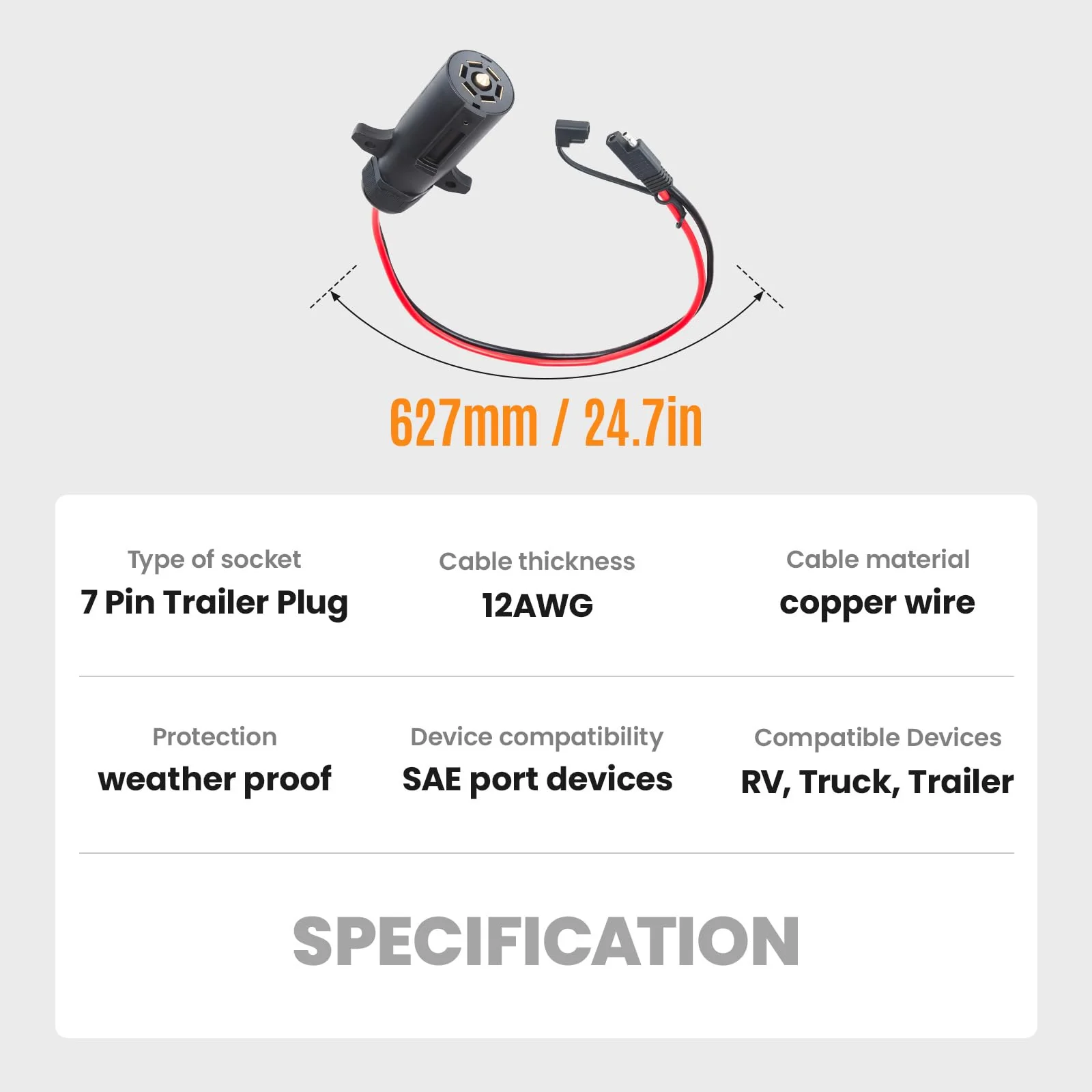 7 Pin Trailer Plug to SAE Connector Adapter - Heavy Duty 10AWG 7 Pin Trailer Cables 1/2/3ft Waterproof Trailer Plug Adapter for RV, Truck, Marine 12V Devices (2Pack, 2ft) 2 - Image 8