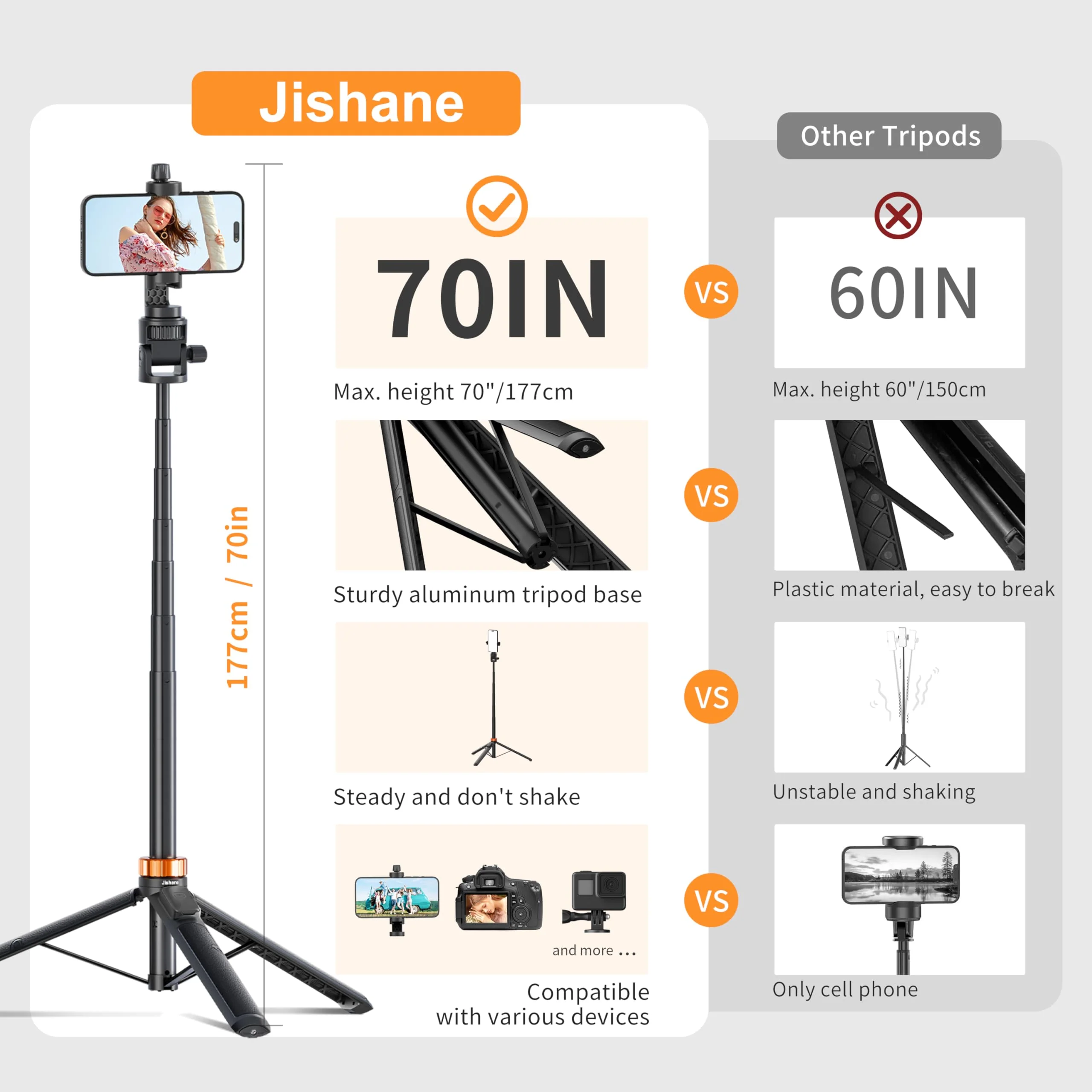 70" Phone Tripod & Selfie Stick, Extendable Cell Phone Tripod Stand with Wireless Remote and Phone Holder, Compatible with All Phones, Cameras 70" - Image 5