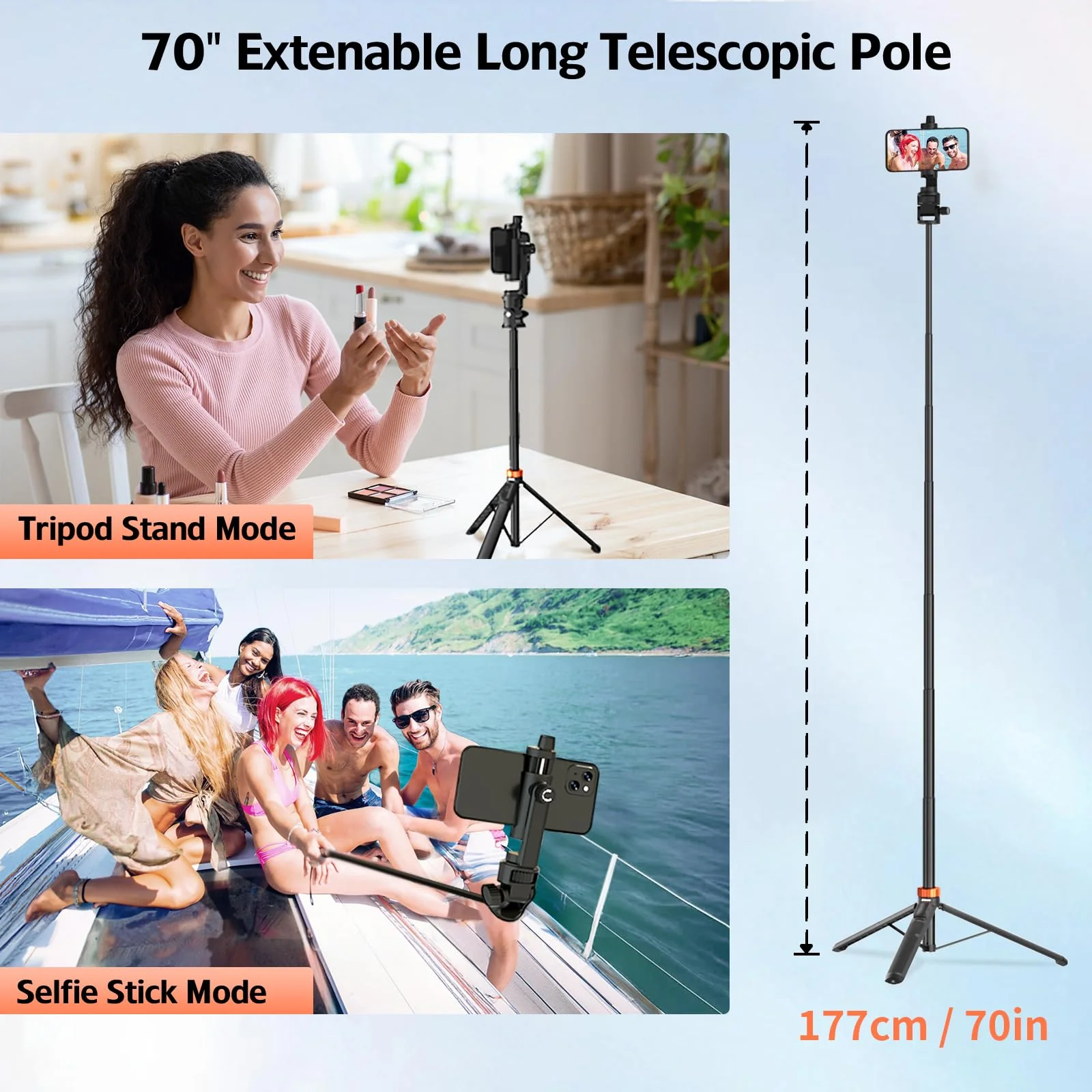 70" Phone Tripod & Selfie Stick, Extendable Cell Phone Tripod Stand with Wireless Remote and Phone Holder, Compatible with All Phones, Cameras 70" - Image 7