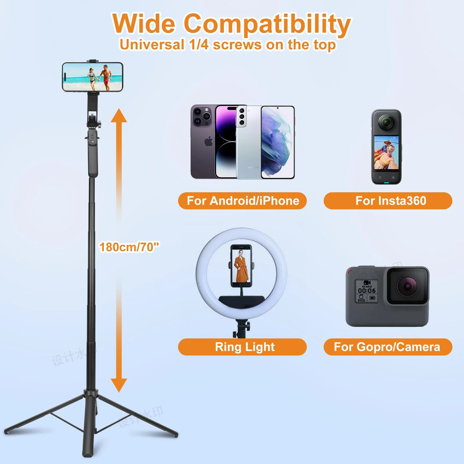 70" Selfie Stick Phone Tripod with Rechargeable Remote,Portable Extendable 3 in 1 Cell Phone Tripod Stand for Video Recording,Travel Selfie Stick Tripod for iPhone and Android - Image 6
