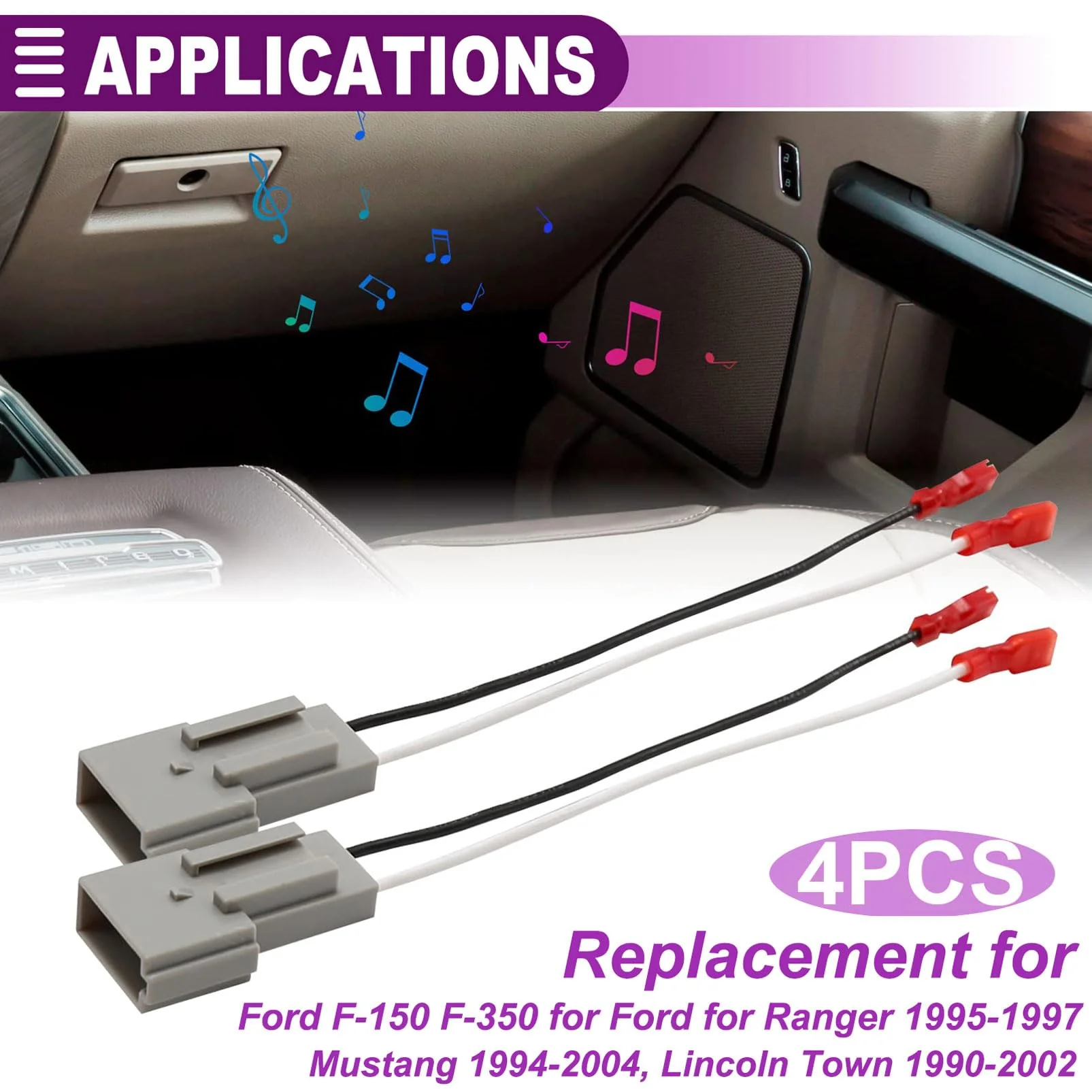 72-5512 Speaker Harness, Car Speaker Wiring Connector Harness Adapter for Ford F-150 F-350 for Ranger 1995-1997 Mustang 1994-2004 Ranger Mercury Sable 1990-1999, Lincoln Town 1990-2002 - 4 PCS - Image 3