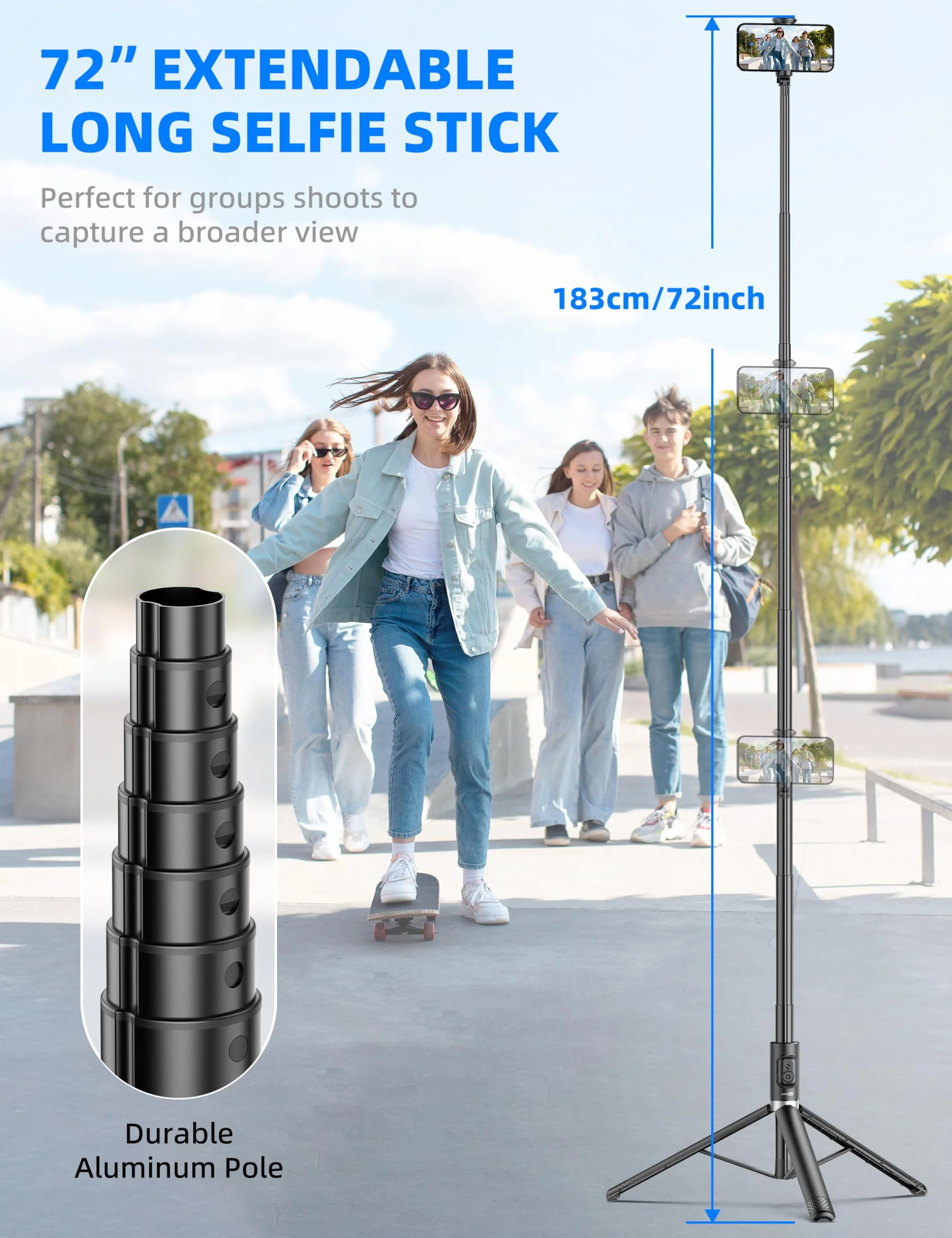 72" Cell Phone Selfie Stick Tripod, Aluminum Phone Tripod All-in-1 with Integrated Remote, Portable Extendable Smartphone Tripod Stand Lightweight Travel Tripod Compatible with iPhone 15/14/13/Android - Image 2