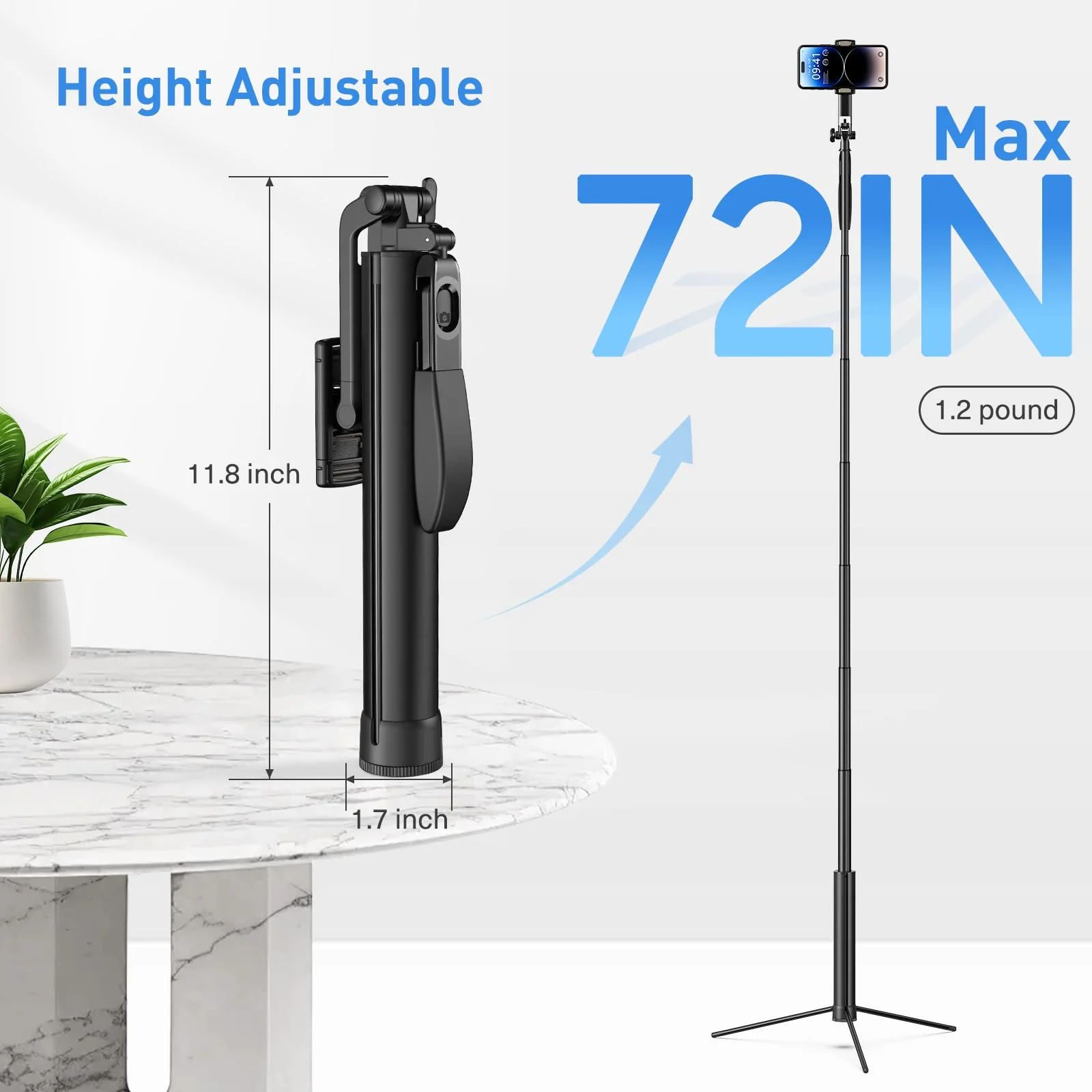 72-inch Metal Tripod and Selfie Stick for Cell Phone and Camera, Portable Travel Tripod Stand, Rechargeable Remote, 360° Rotation, Compatible with iPhone & Android and Camera, Black - Image 2