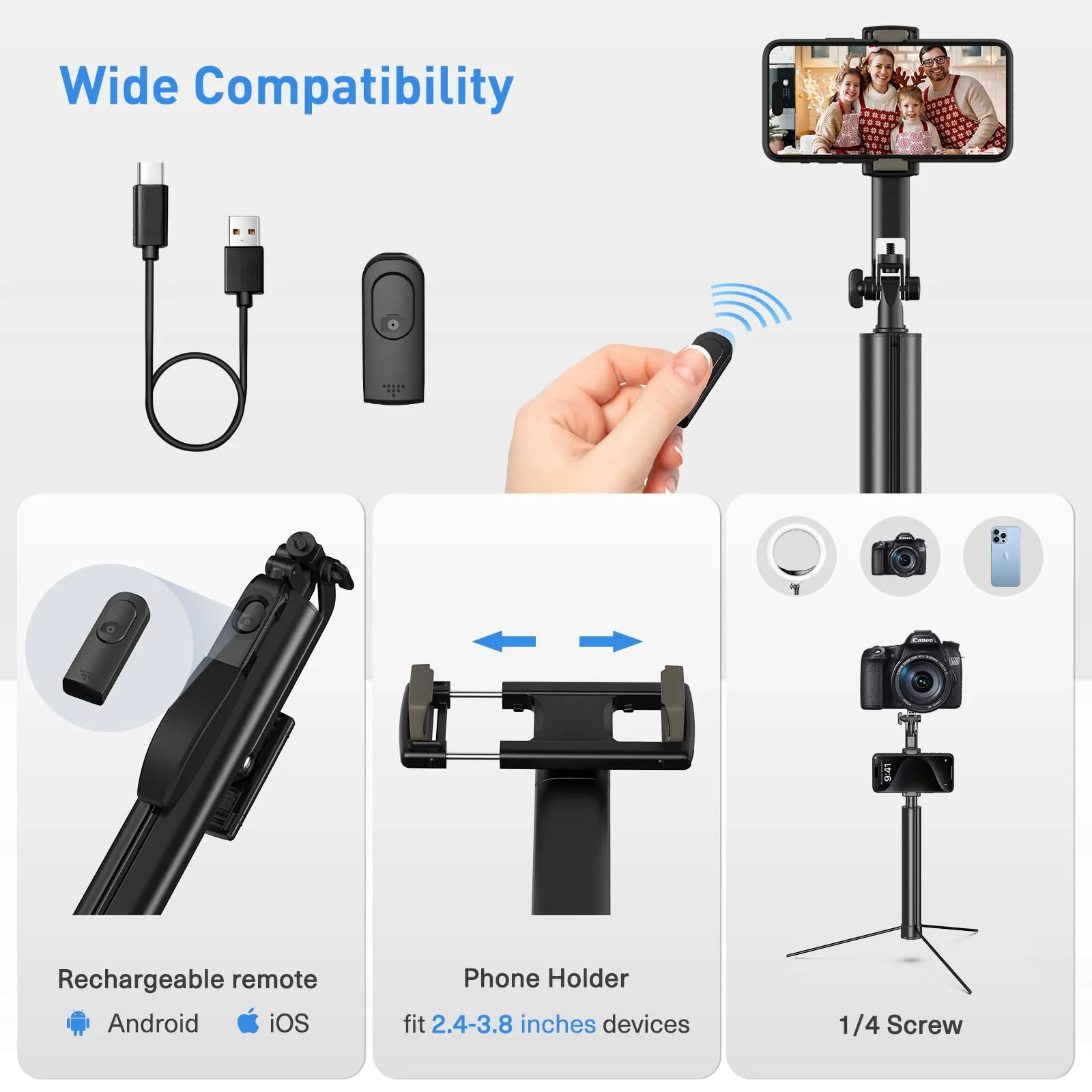72-inch Metal Tripod and Selfie Stick for Cell Phone and Camera, Portable Travel Tripod Stand, Rechargeable Remote, 360° Rotation, Compatible with iPhone & Android and Camera, Black - Image 5