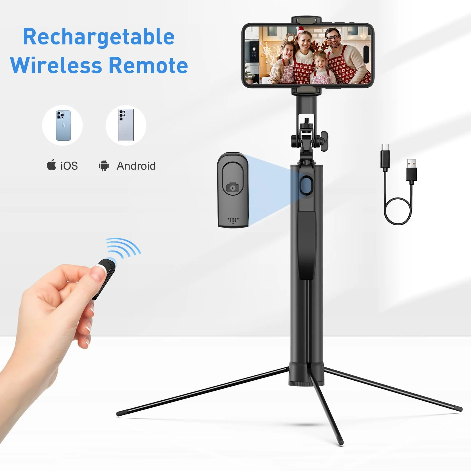 72-inch Metal Tripod and Selfie Stick for Cell Phone and Camera, Portable Travel Tripod Stand, Rechargeable Remote, 360° Rotation, Compatible with iPhone & Android and Camera, Black - Image 6
