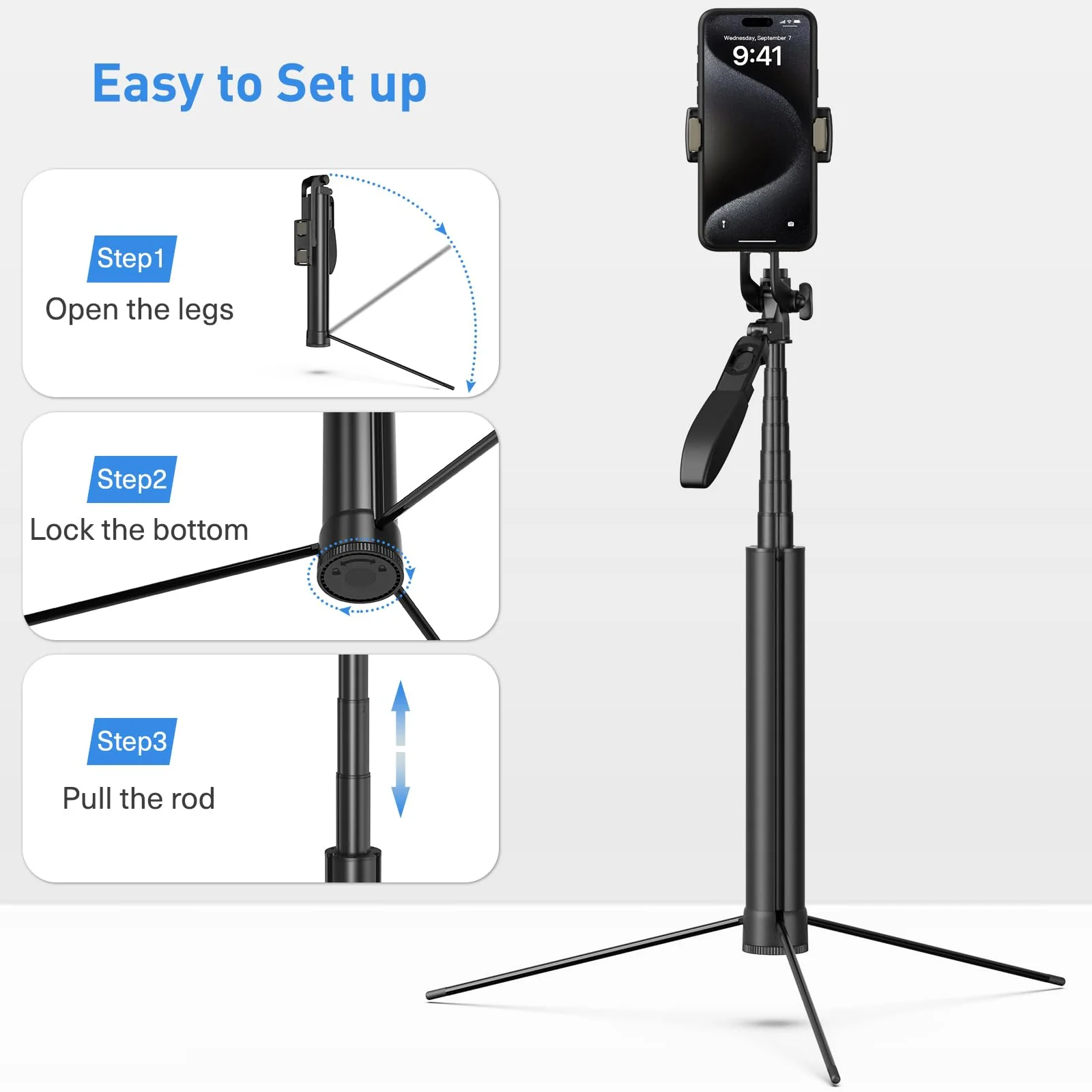 72-inch Metal Tripod and Selfie Stick for Cell Phone and Camera, Portable Travel Tripod Stand, Rechargeable Remote, 360° Rotation, Compatible with iPhone & Android and Camera, Black - Image 7