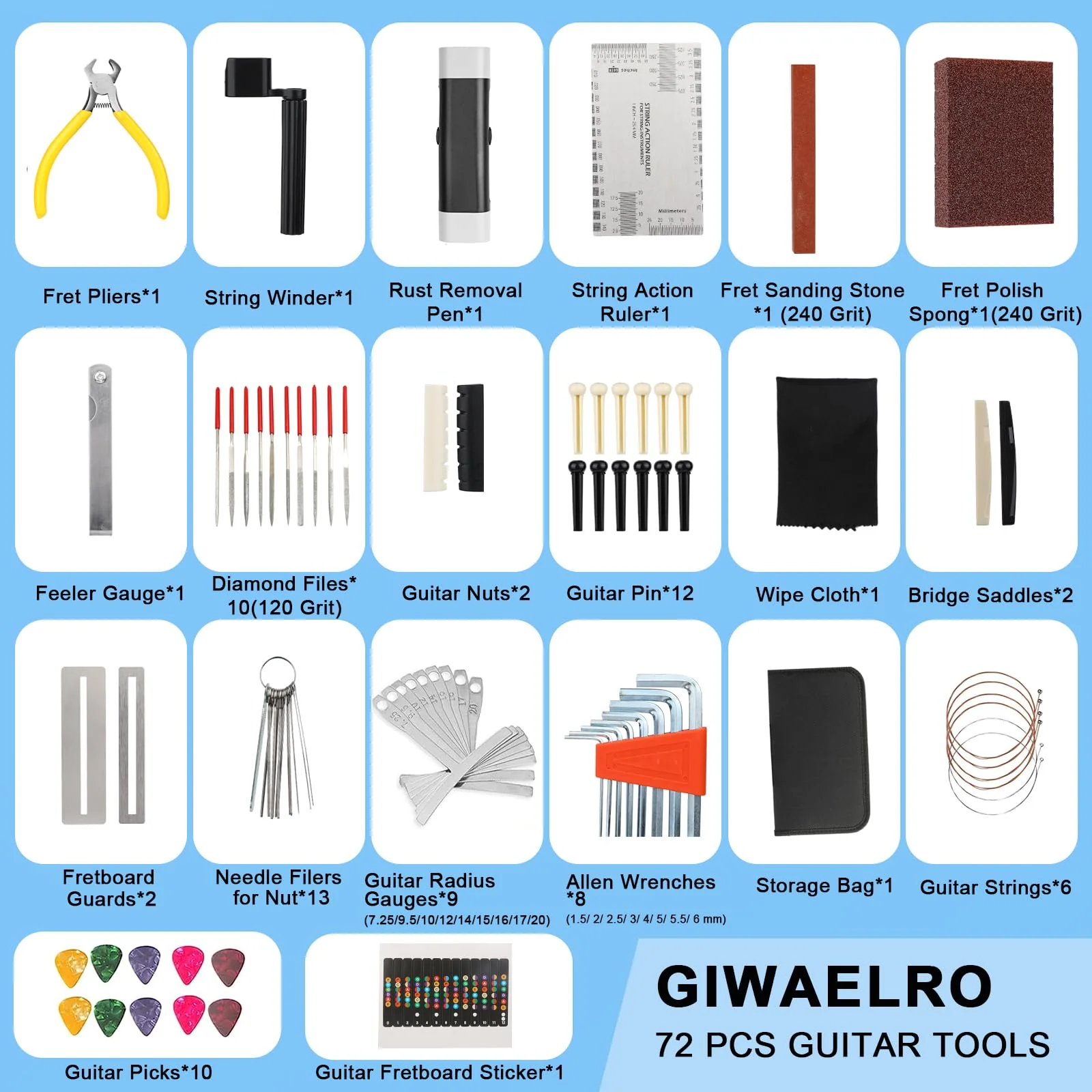72 PCS Guitar Tool Kit for Set Up, Intonation Adjustment and Repair, Maintenance Kit for Bass Banjo and Ukulele, Accessories for Guitar Enthusiast Black - Image 2