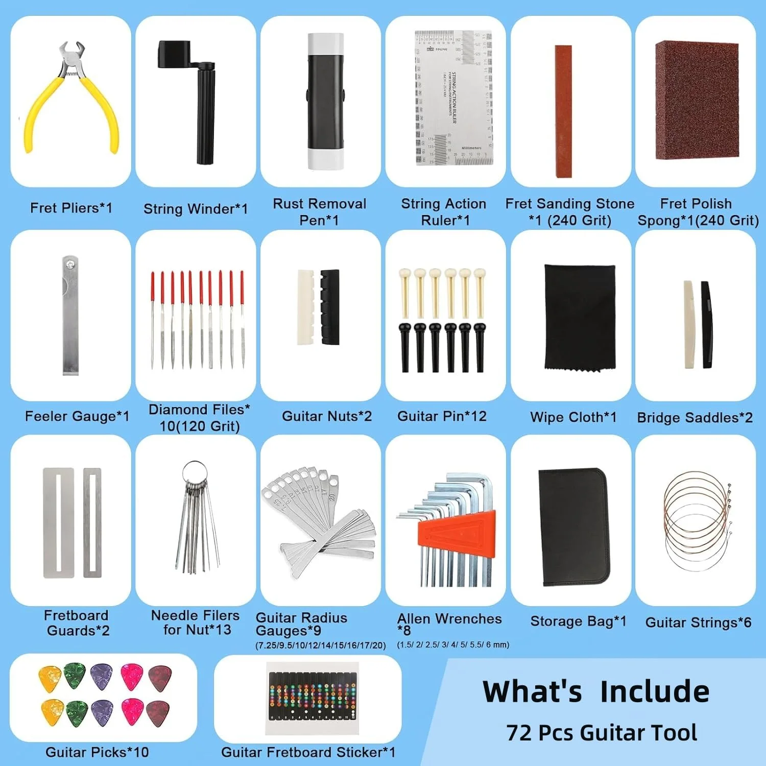 72 Pcs Guitar Tool Kit with Carry Bag,Professional Guitar Repairing Maintenance Tool Kit for Acoustic Guitar Electric Guitar Ukulele Bass Banjo,Ideal Guitar Accessories for Guitar Enthusiast - Image 3