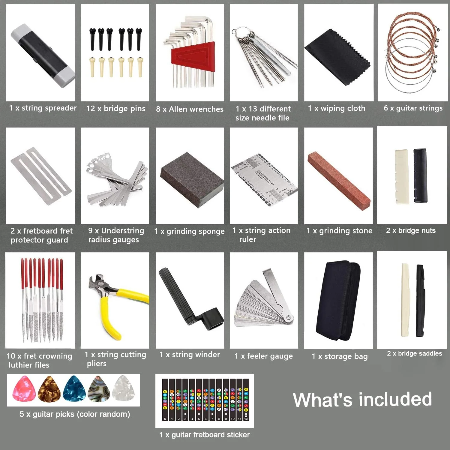 72PCS Guitar Tool Kit，Professional Guitar Repairing Maintenance Tool Kit with Guitar Strings Picks Bridge Pins Gauge Guitar Accessories Gift for Acoustic Guitar Electric guitar Ukulele Bass Banjo - Image 2