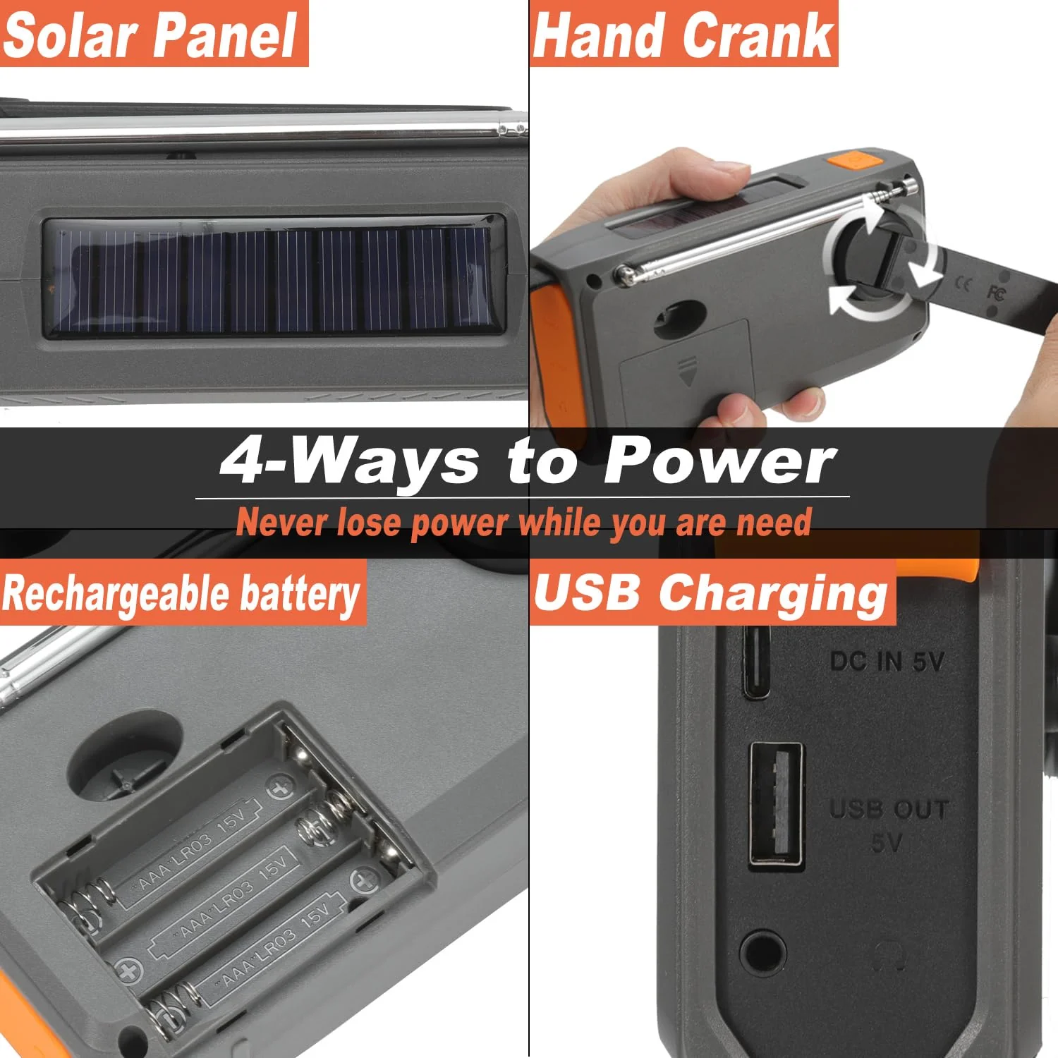 7400mWh Solar Hand Crank Emergency Weather Radio, NOAA/AM/FM Wind Up Radio with Flashlight, Cell Phone Charger, SOS Alarm, Digital Display for Hurricane Survival Camping Outdoor - Image 2