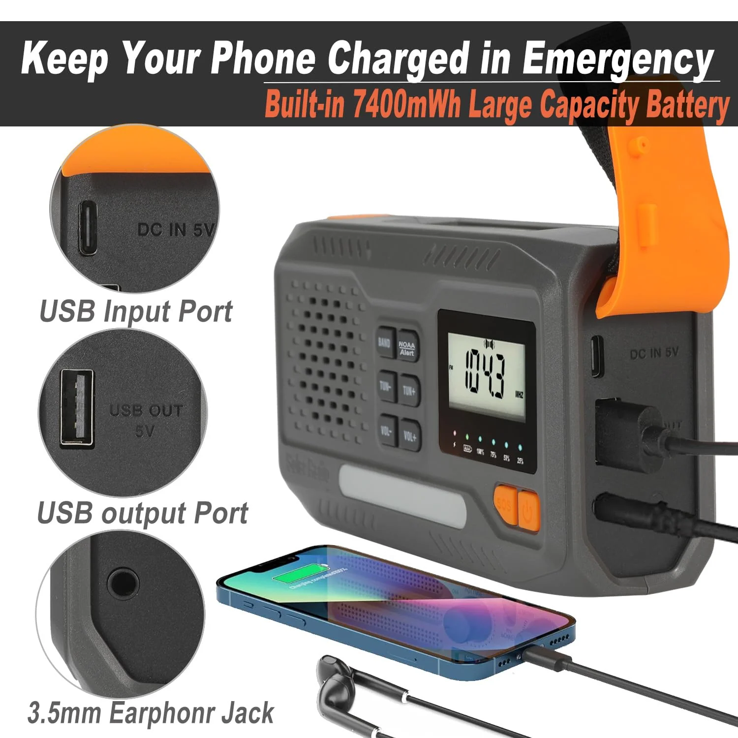 7400mWh Solar Hand Crank Emergency Weather Radio, NOAA/AM/FM Wind Up Radio with Flashlight, Cell Phone Charger, SOS Alarm, Digital Display for Hurricane Survival Camping Outdoor - Image 3