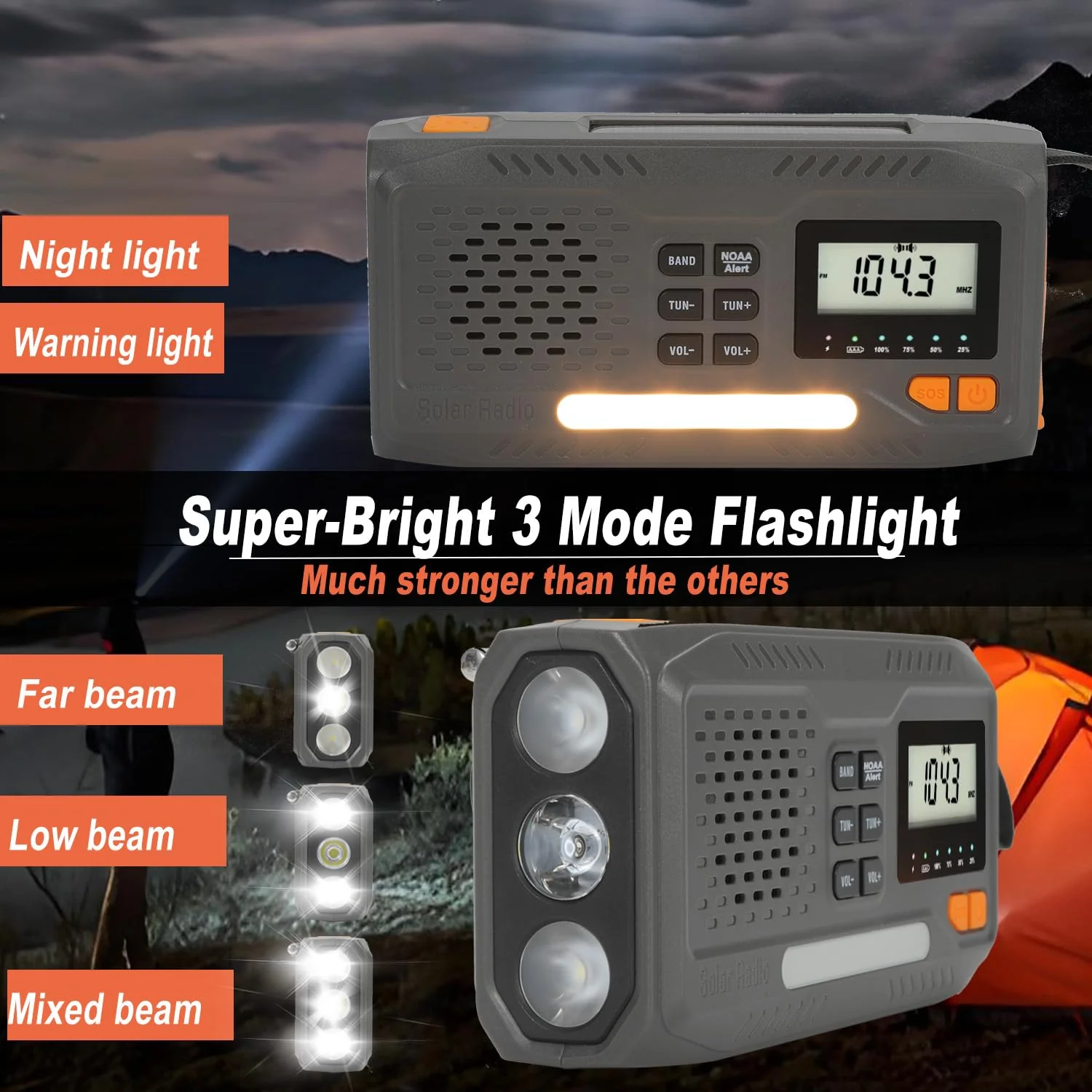 7400mWh Solar Hand Crank Emergency Weather Radio, NOAA/AM/FM Wind Up Radio with Flashlight, Cell Phone Charger, SOS Alarm, Digital Display for Hurricane Survival Camping Outdoor - Image 5