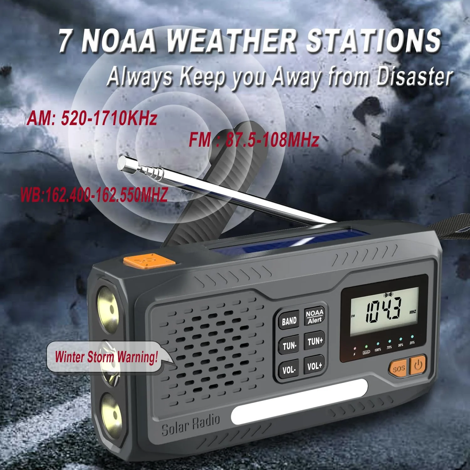 7400mWh Solar Hand Crank Emergency Weather Radio, NOAA/AM/FM Wind Up Radio with Flashlight, Cell Phone Charger, SOS Alarm, Digital Display for Hurricane Survival Camping Outdoor - Image 6