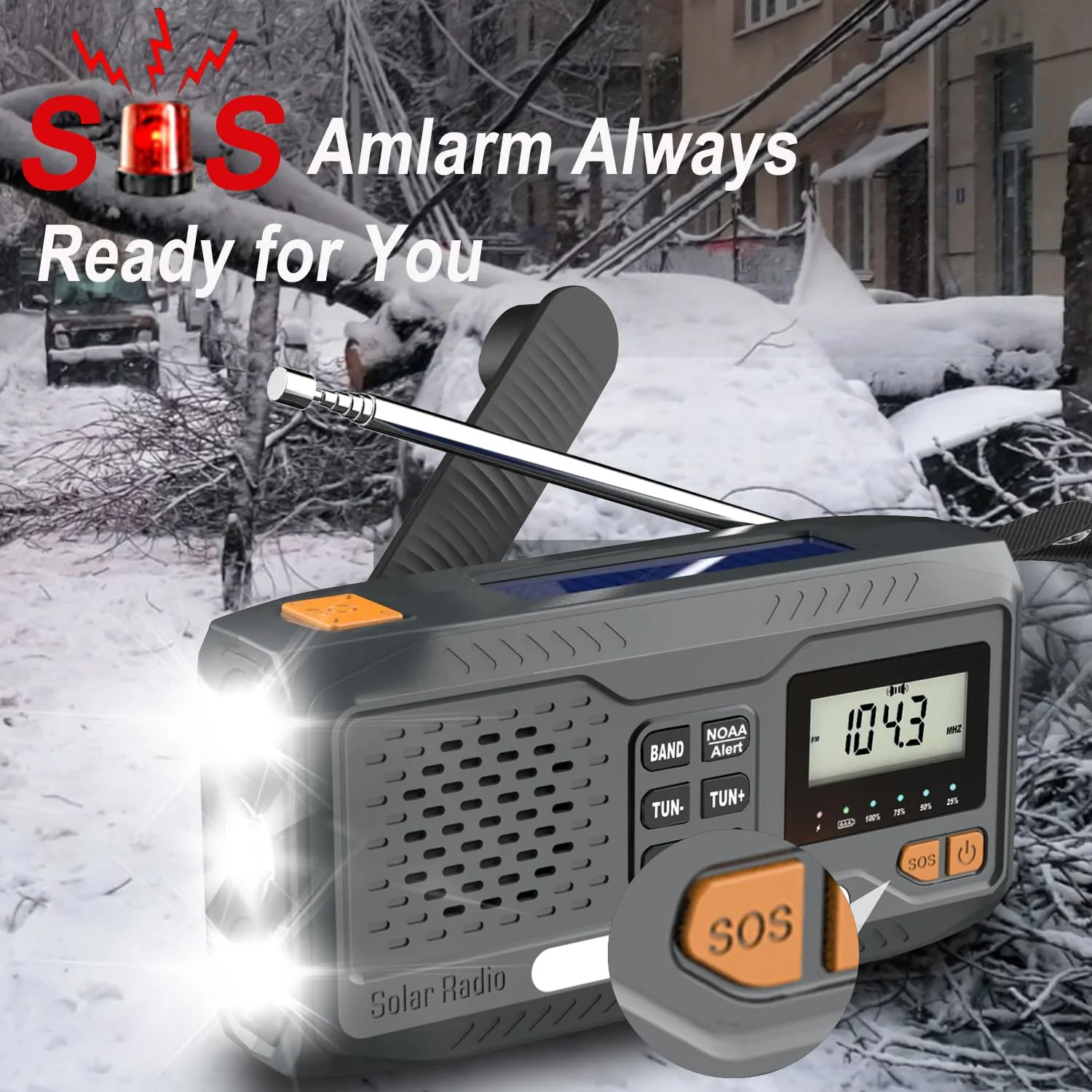 7400mWh Solar Hand Crank Emergency Weather Radio, NOAA/AM/FM Wind Up Radio with Flashlight, Cell Phone Charger, SOS Alarm, Digital Display for Hurricane Survival Camping Outdoor - Image 7