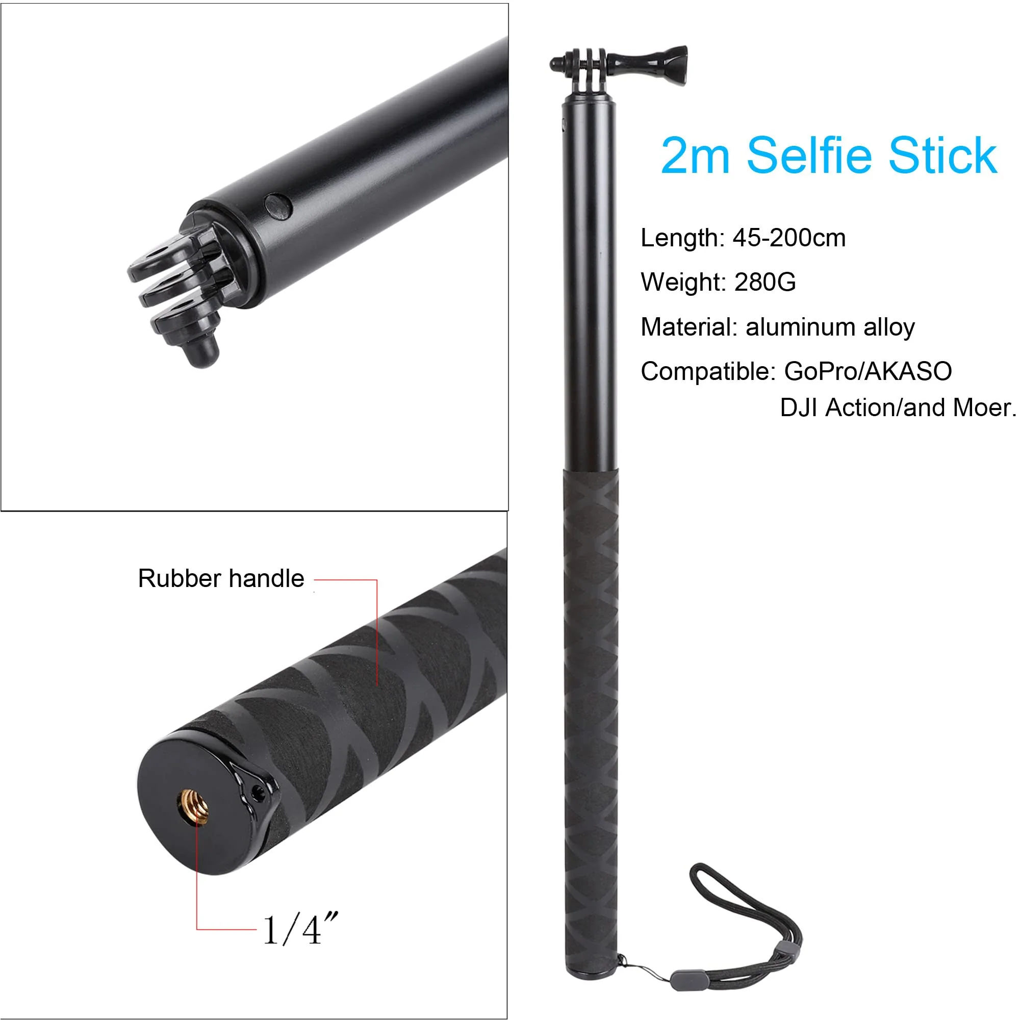 79inch Long Selfie Stick for GoPro 11 10 9 8 7 6 5 Blcak 4 Silver Go Pro Max Session, DJI Osmo Action 2,AKASO,Insta360 One R Cameras, 45-200cm Extendable Pole Monopod - Image 2