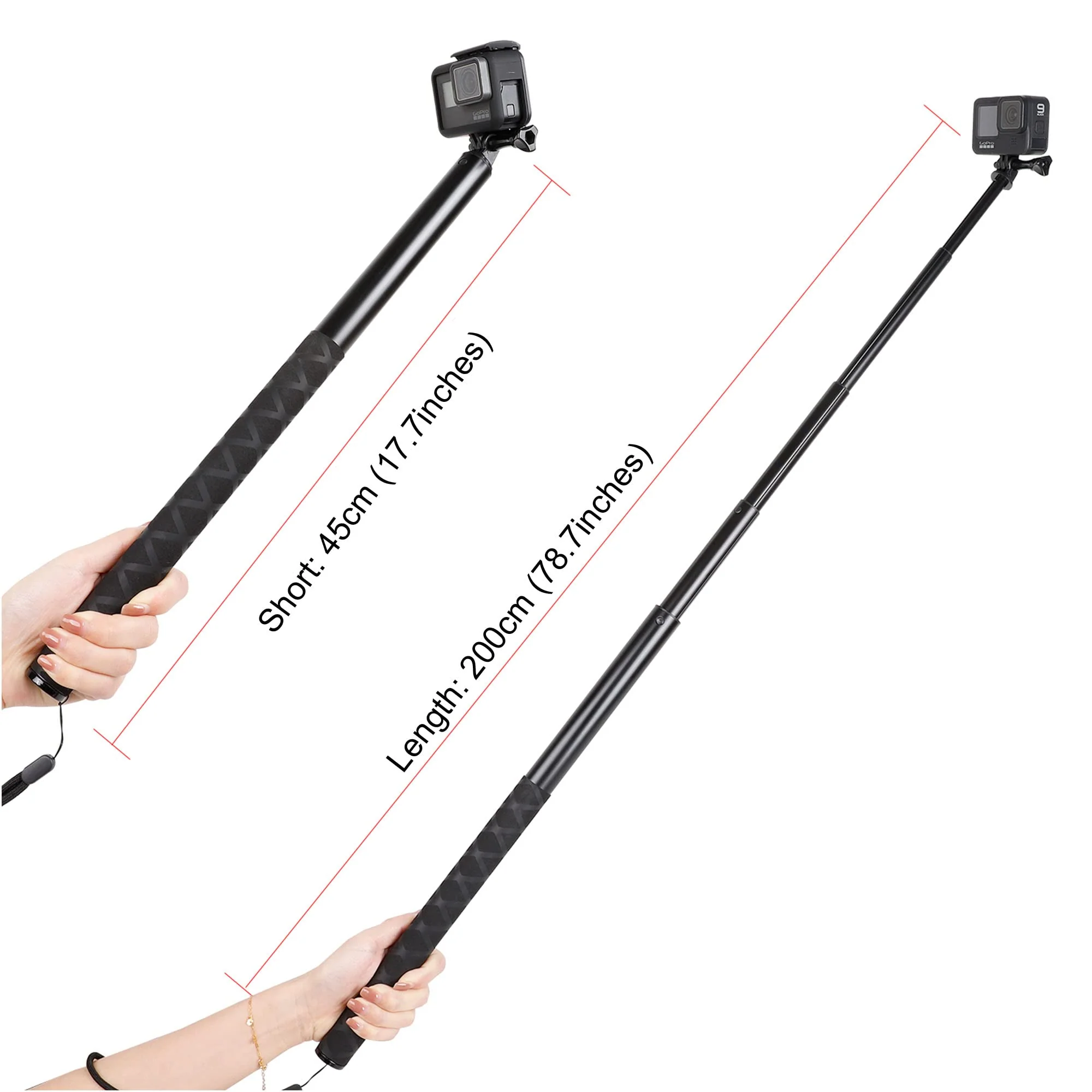 79inch Long Selfie Stick for GoPro 11 10 9 8 7 6 5 Blcak 4 Silver Go Pro Max Session, DJI Osmo Action 2,AKASO,Insta360 One R Cameras, 45-200cm Extendable Pole Monopod - Image 4