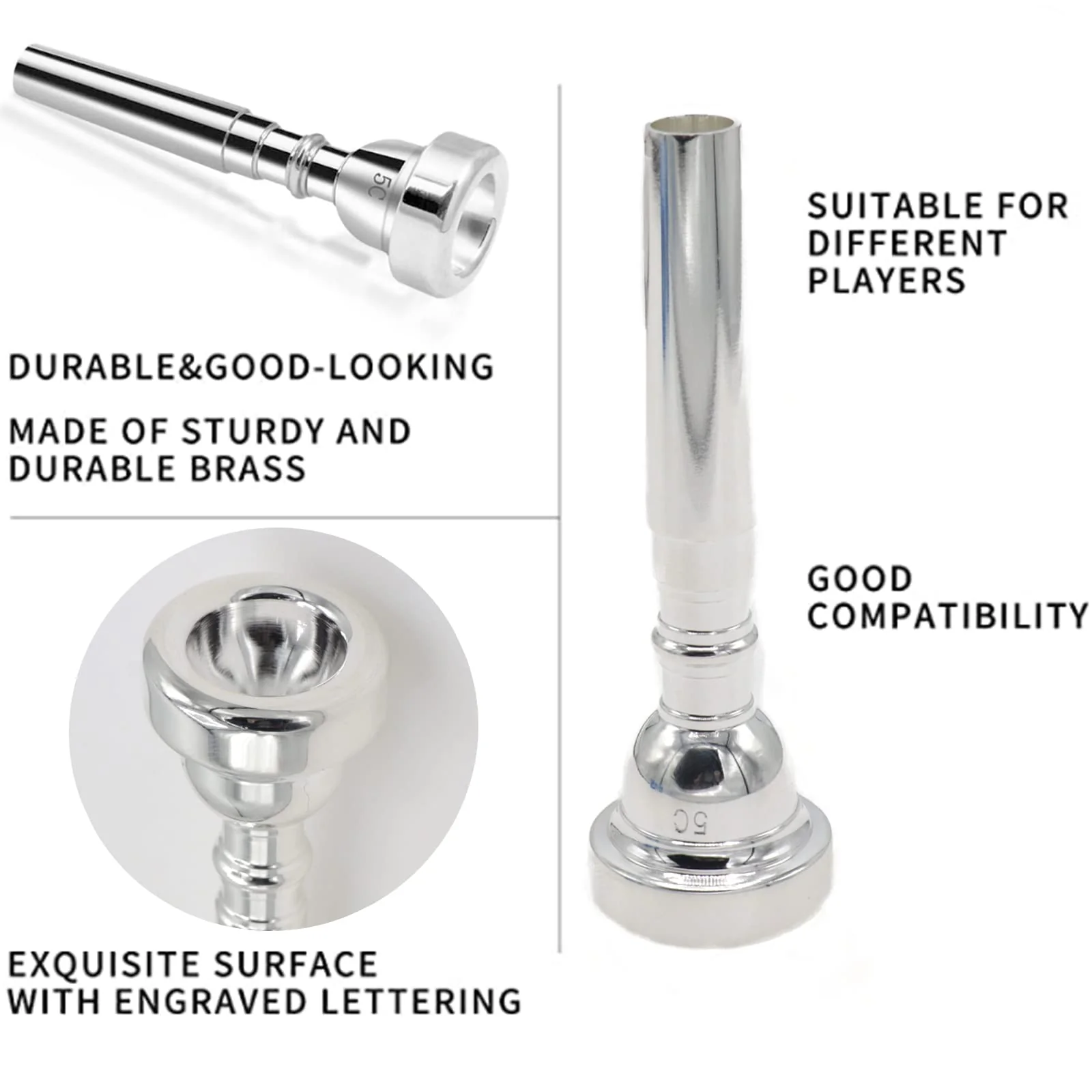 7C Trumpet Mouthpiece Set, Silver Plated Brass, Beginner to Pro, Durable & Reliable, with Cleaning Brush & Silver Polishing Cloth 7C - Image 2
