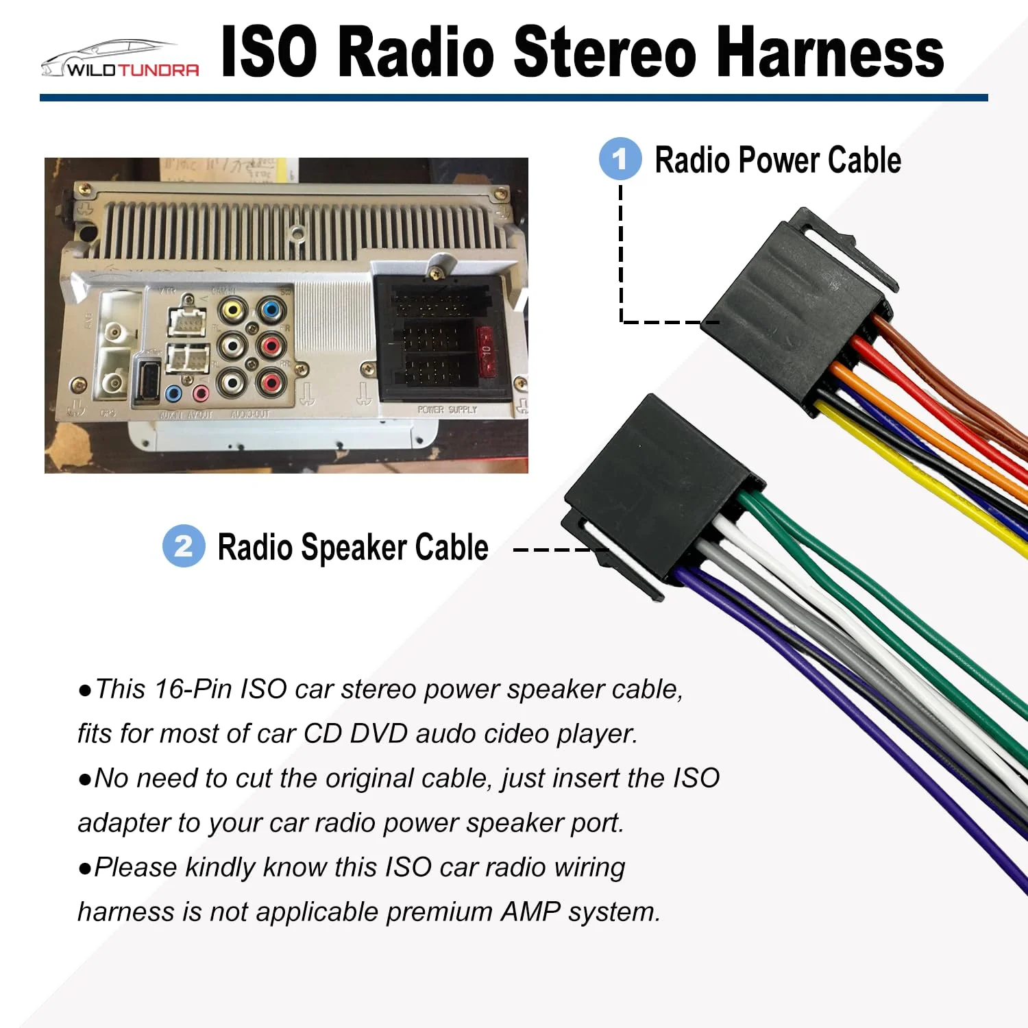 8+8Pin Universa ISO Car Radio Wiring Harness, Android Car Stereo Harness Adapter Radio Power Speakers Wiring Adapter ISO Radio Harness Adapter replacement for Boss Jenson Leadfan SJOYBRING Bluetooth Universal ISO Harness - Image 2