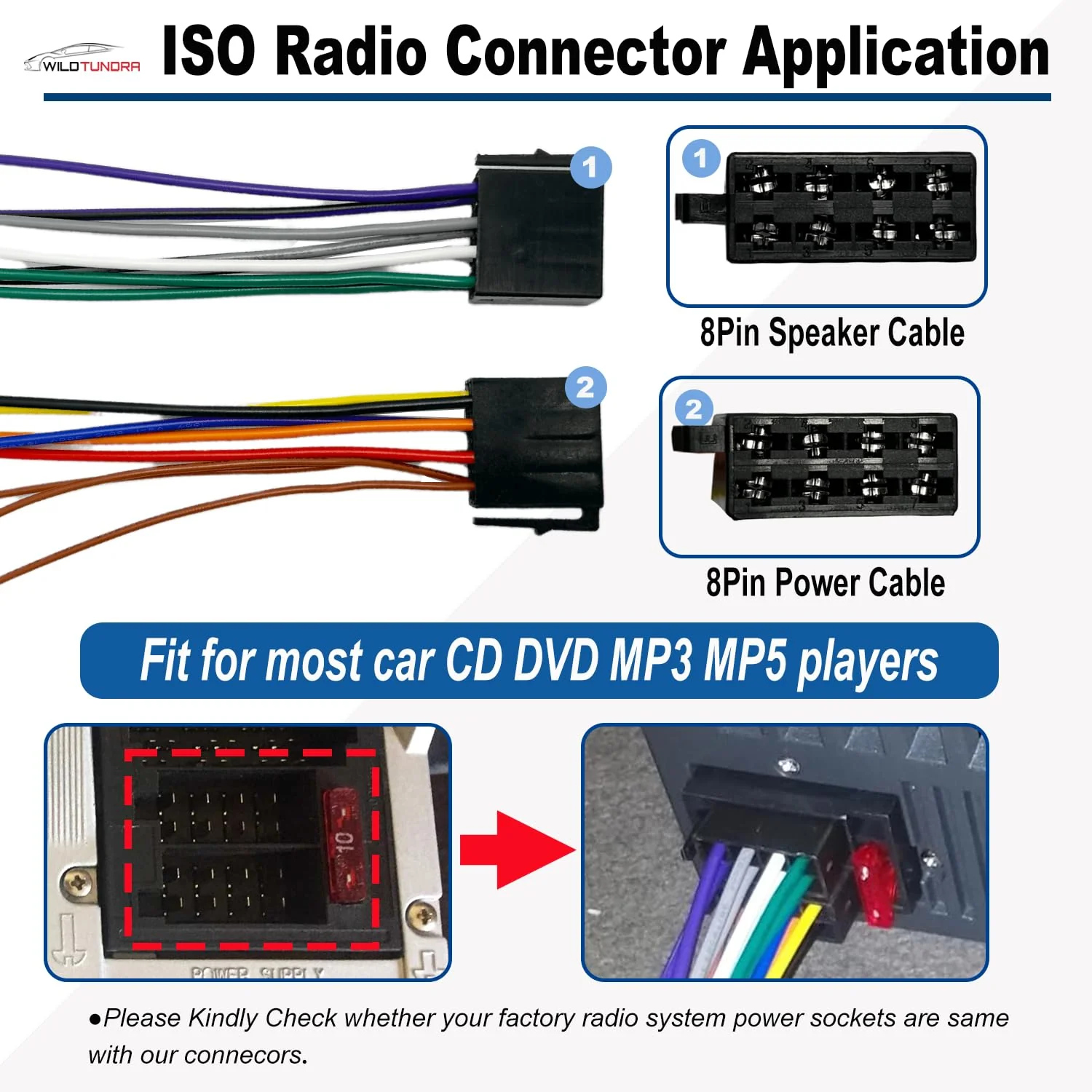 8+8Pin Universa ISO Car Radio Wiring Harness, Android Car Stereo Harness Adapter Radio Power Speakers Wiring Adapter ISO Radio Harness Adapter replacement for Boss Jenson Leadfan SJOYBRING Bluetooth Universal ISO Harness - Image 3