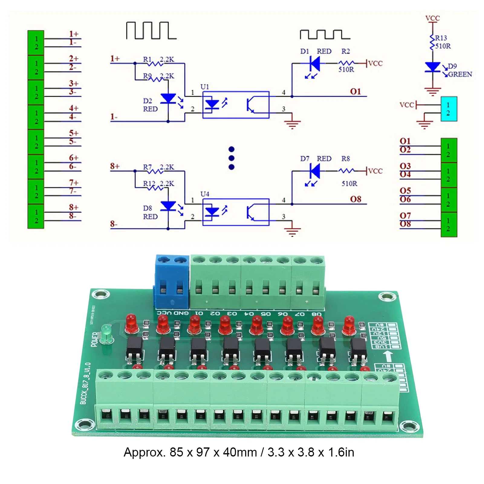 8 Channel Optocoupler, 12V to 3.3V Simple Operation Isolator Module for Single Chip Microcomputer Signal Isolation - Image 3