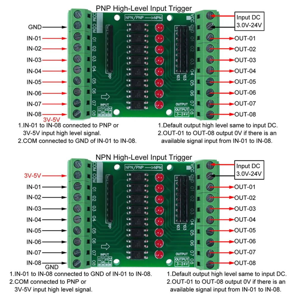 8 Channel Optocoupler Isolation Board, DC 3.3V 5V 8 Channel Optocoupler Isolation Module, PNP NPN Low High Level Output Signal Converter - Image 2