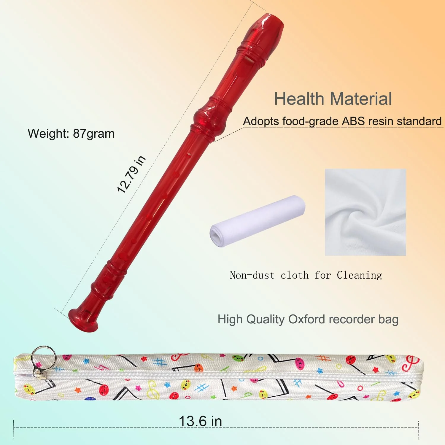 8 Hole German style Soprano Recorder for Beginners, Kids adults Music Flute with Gift Case Bag Cleaning Rod For Party Entertainment (Grystal Red) Grystal Red - Image 2