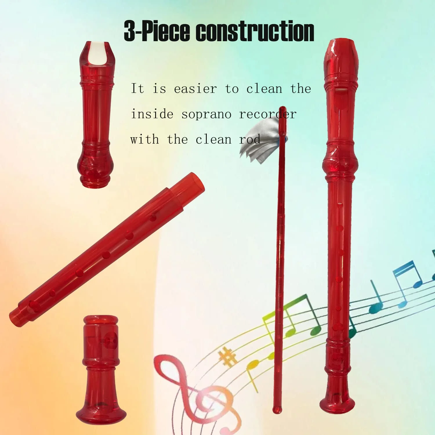 8 Hole German style Soprano Recorder for Beginners, Kids adults Music Flute with Gift Case Bag Cleaning Rod For Party Entertainment (Grystal Red) Grystal Red - Image 4