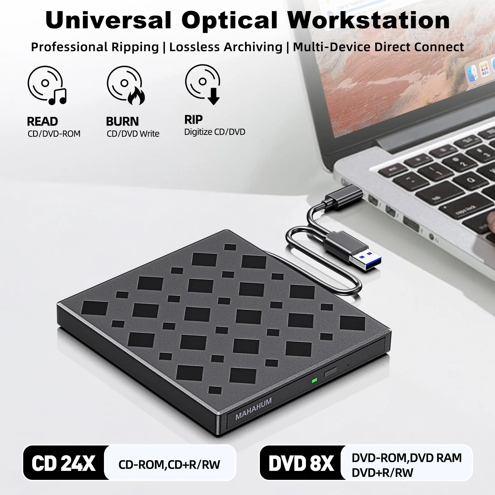 8-in-1 External DVD Drive USB 3.0 Type-C CD Burner with SD/TF Card Reader & USB Hub, Plug & Play Portable CD/DVD +/-RW Drive for Laptop Desktop PC, Compatible with Windows Mac OS, Linux 8 IN 1 Diamond Shape - Image 3