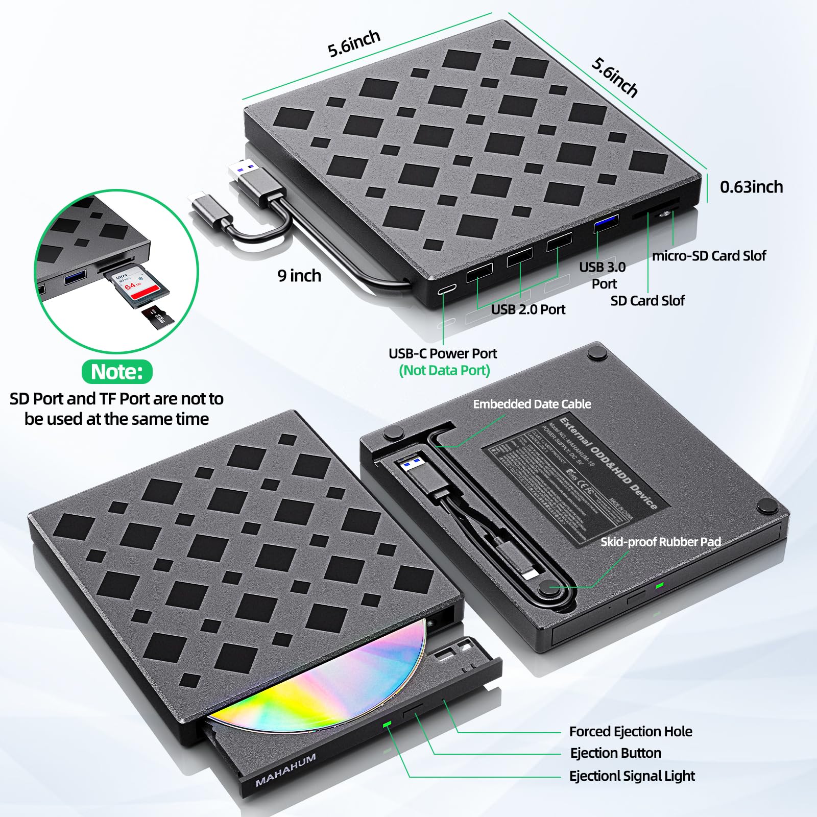 8-in-1 External DVD Drive USB 3.0 Type-C CD Burner with SD/TF Card Reader & USB Hub, Plug & Play Portable CD/DVD +/-RW Drive for Laptop Desktop PC, Compatible with Windows Mac OS, Linux 8 IN 1 Diamond Shape - Image 4
