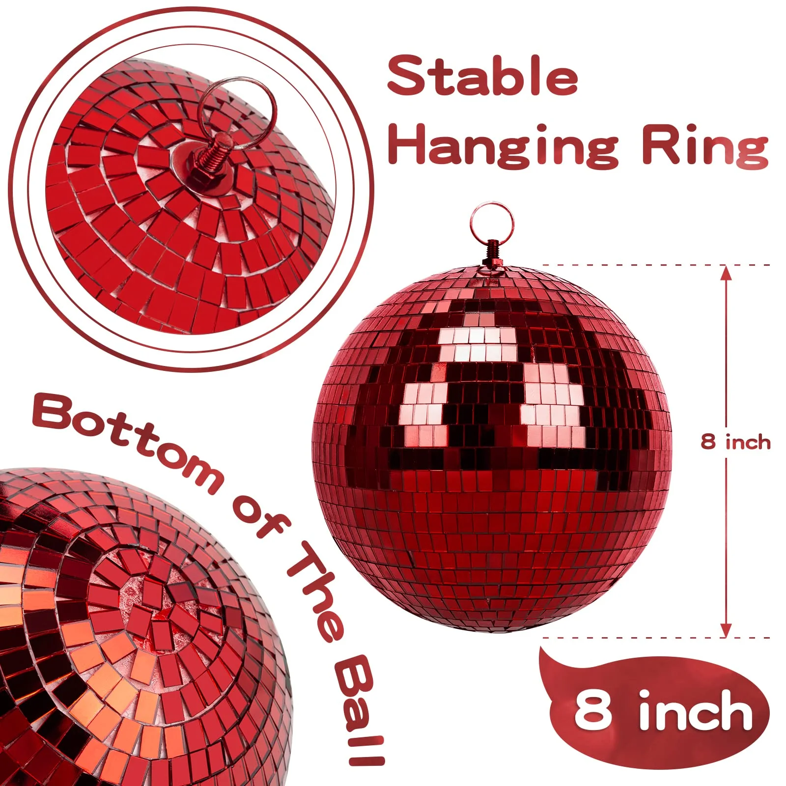 8 Inch Mirror Ball for Disco DJ Club Party Wedding Home Decor, Muscab Disco Ball with Hanging Ring, Red 8 Inch Red-1 - Image 2