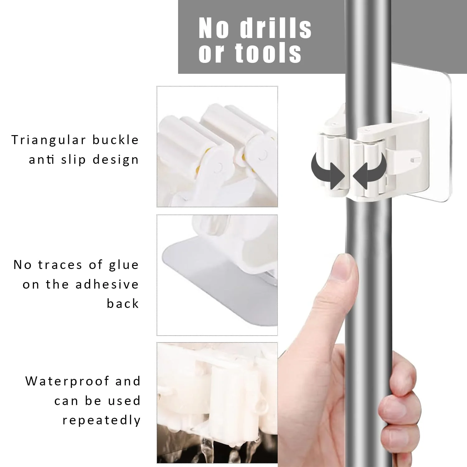 8 Pack Self Adhesive Mop Holder Wall Mounted Organizer Clip Broom Clips No Drilling for Bathroom Kitchen Office Closet Garden Garage Utility Room Tool Rack Storage - White - Image 3