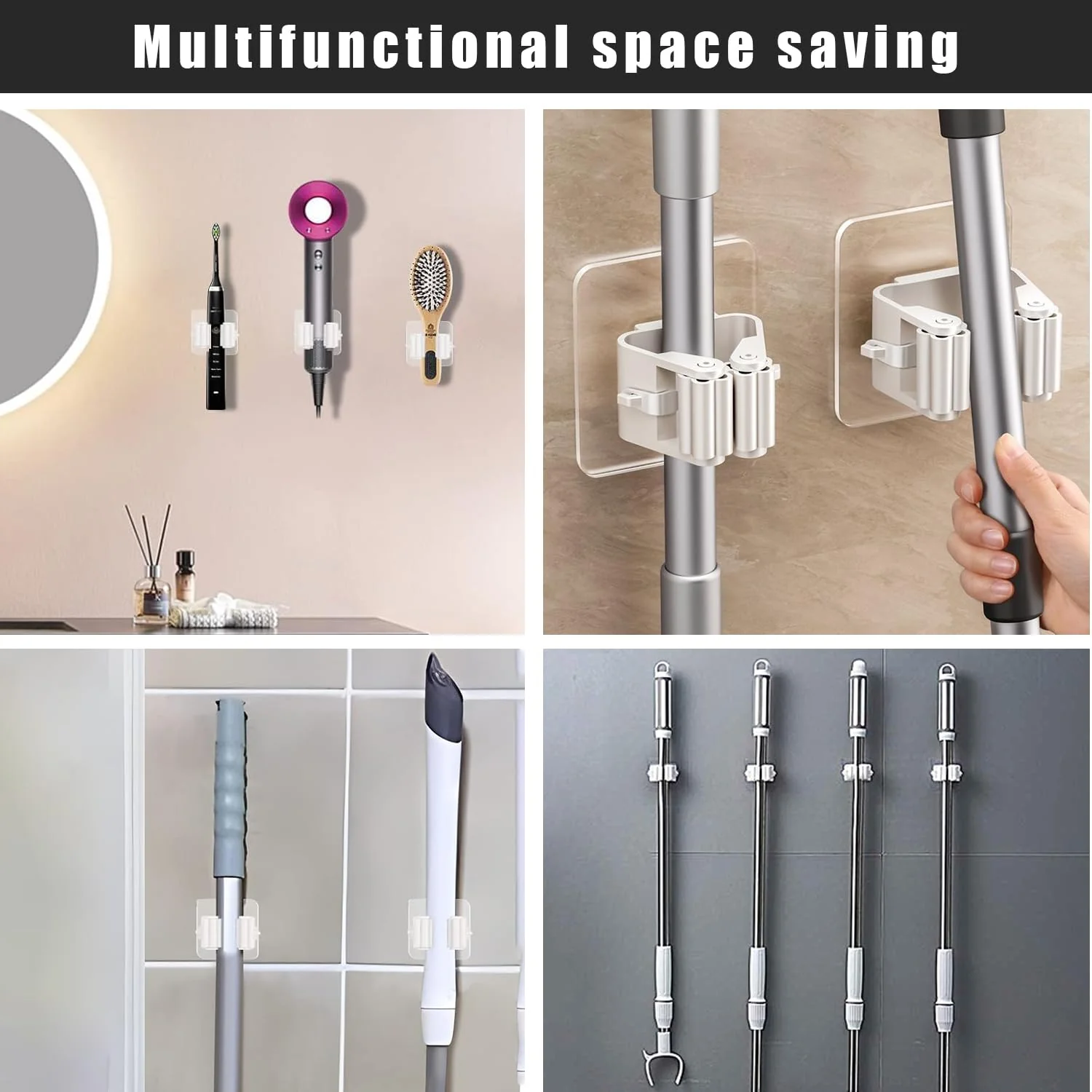 8 Pack Self Adhesive Mop Holder Wall Mounted Organizer Clip Broom Clips No Drilling for Bathroom Kitchen Office Closet Garden Garage Utility Room Tool Rack Storage - White - Image 7