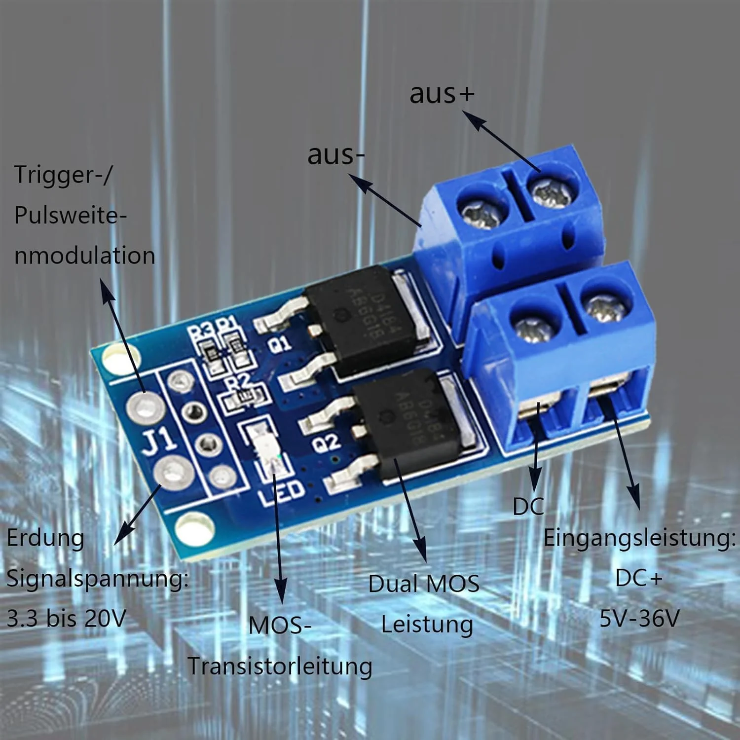 8 Pcs DC 5V-36V 400W FET Trigger Switch Drive Module Board Dual Mosfet Driver Module Dual High Performance Switching Driver Module PWM Controller Switch Panel Driver Module for Ar-duino - Image 3