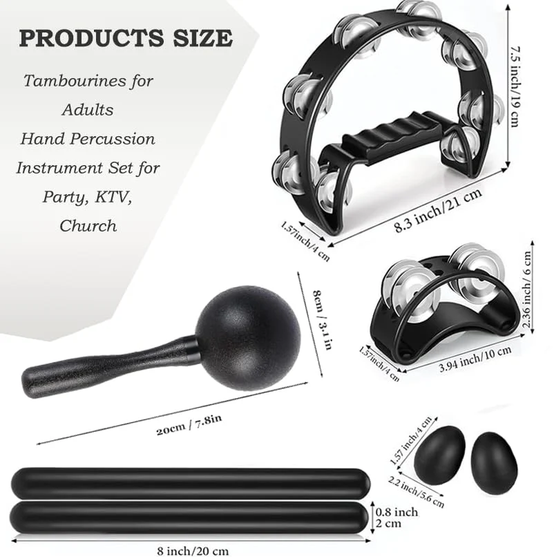 8 Pcs Tambourines for Adults Metal Jingles Half Moon Tambourine, Foot Tambourine, Wood Rhythm Sticks，Egg Shakers, Sand Hammer, Hand Percussion Instrument Set for Party, KTV - Image 2