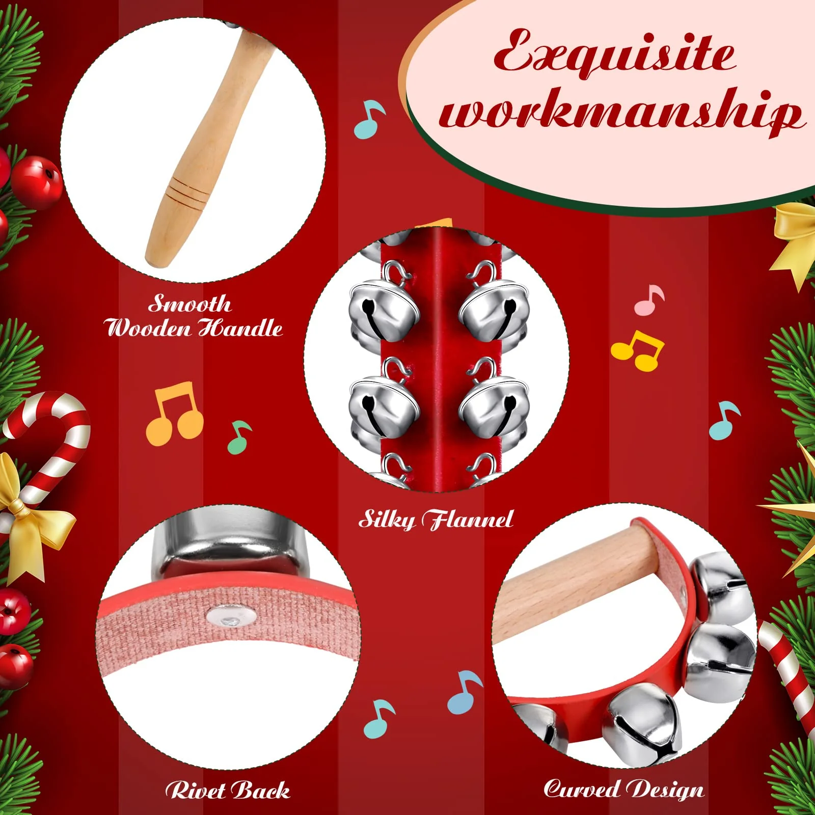 8 Pieces Christmas Handle Sleigh Bells Wooden Hand Bells Handhold Shaker Bells Musical Percussion Instrument for Christmas Holiday Music Party Decoration Birthday Gifts - Image 3