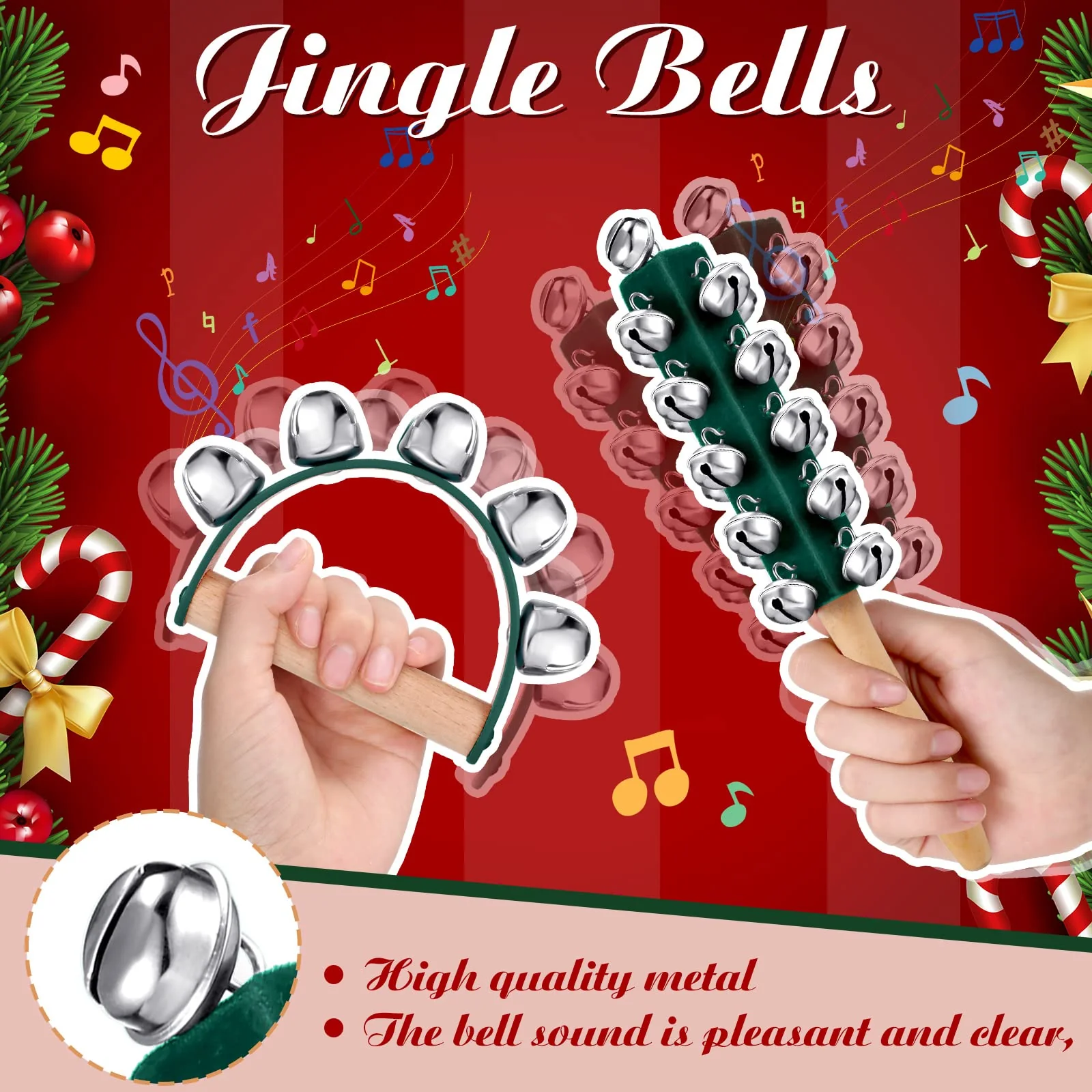 8 Pieces Christmas Handle Sleigh Bells Wooden Hand Bells Handhold Shaker Bells Musical Percussion Instrument for Christmas Holiday Music Party Decoration Birthday Gifts - Image 4