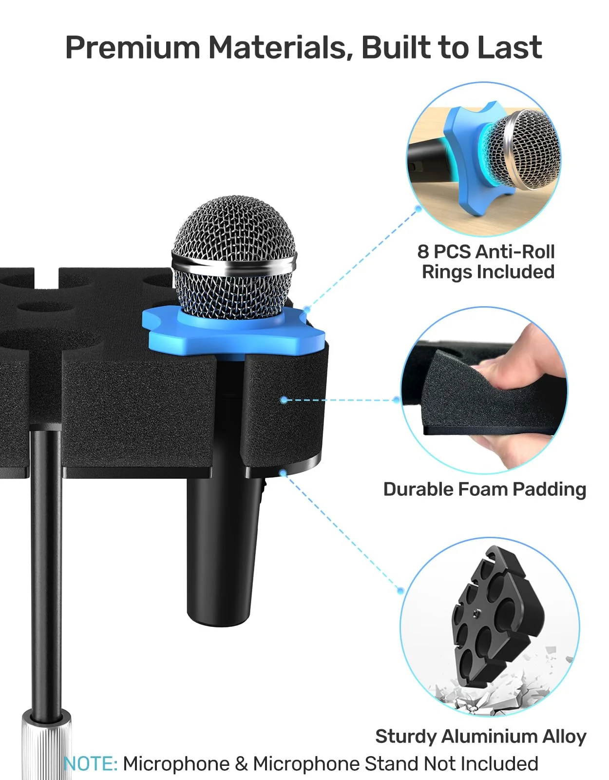 8-Slot Multi Microphone Holder, Alloy Base & Foam Padding & Anti-Roll Ring, Compatible with 5/8", 3/8" and 1/4" Threaded Stand, Wired & Wireles Mics Organizer and Display for Studio and Stage Mic UP to 8 (Foam) - Image 3