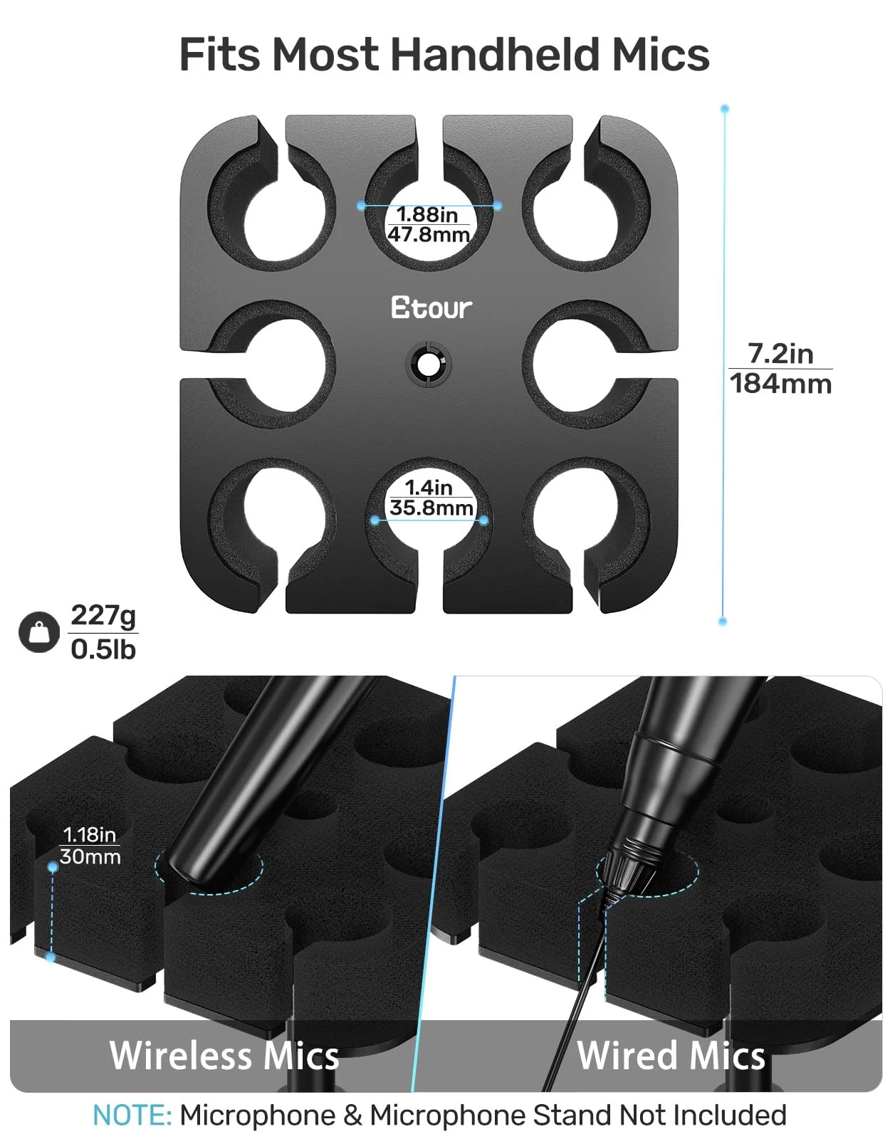 8-Slot Multi Microphone Holder, Alloy Base & Foam Padding & Anti-Roll Ring, Compatible with 5/8", 3/8" and 1/4" Threaded Stand, Wired & Wireles Mics Organizer and Display for Studio and Stage Mic UP to 8 (Foam) - Image 5