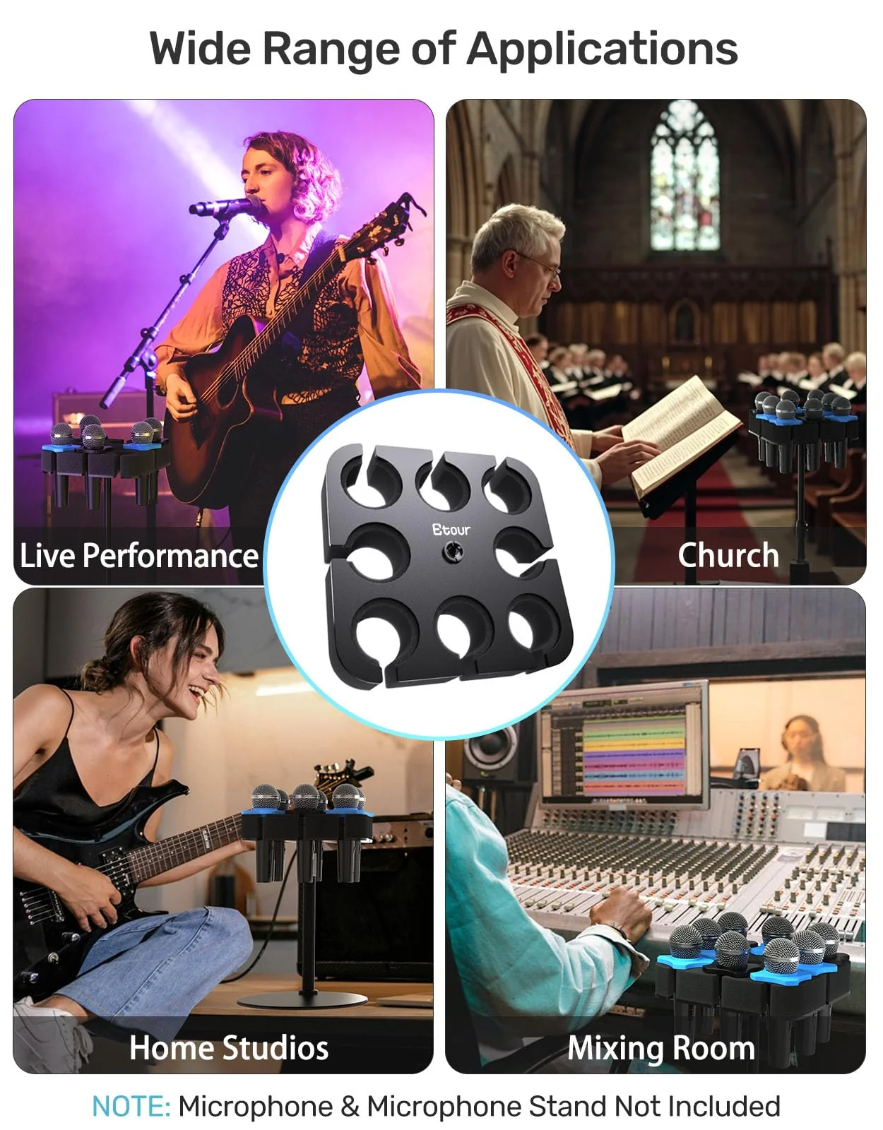 8-Slot Multi Microphone Holder, Alloy Base & Foam Padding & Anti-Roll Ring, Compatible with 5/8", 3/8" and 1/4" Threaded Stand, Wired & Wireles Mics Organizer and Display for Studio and Stage Mic UP to 8 (Foam) - Image 6