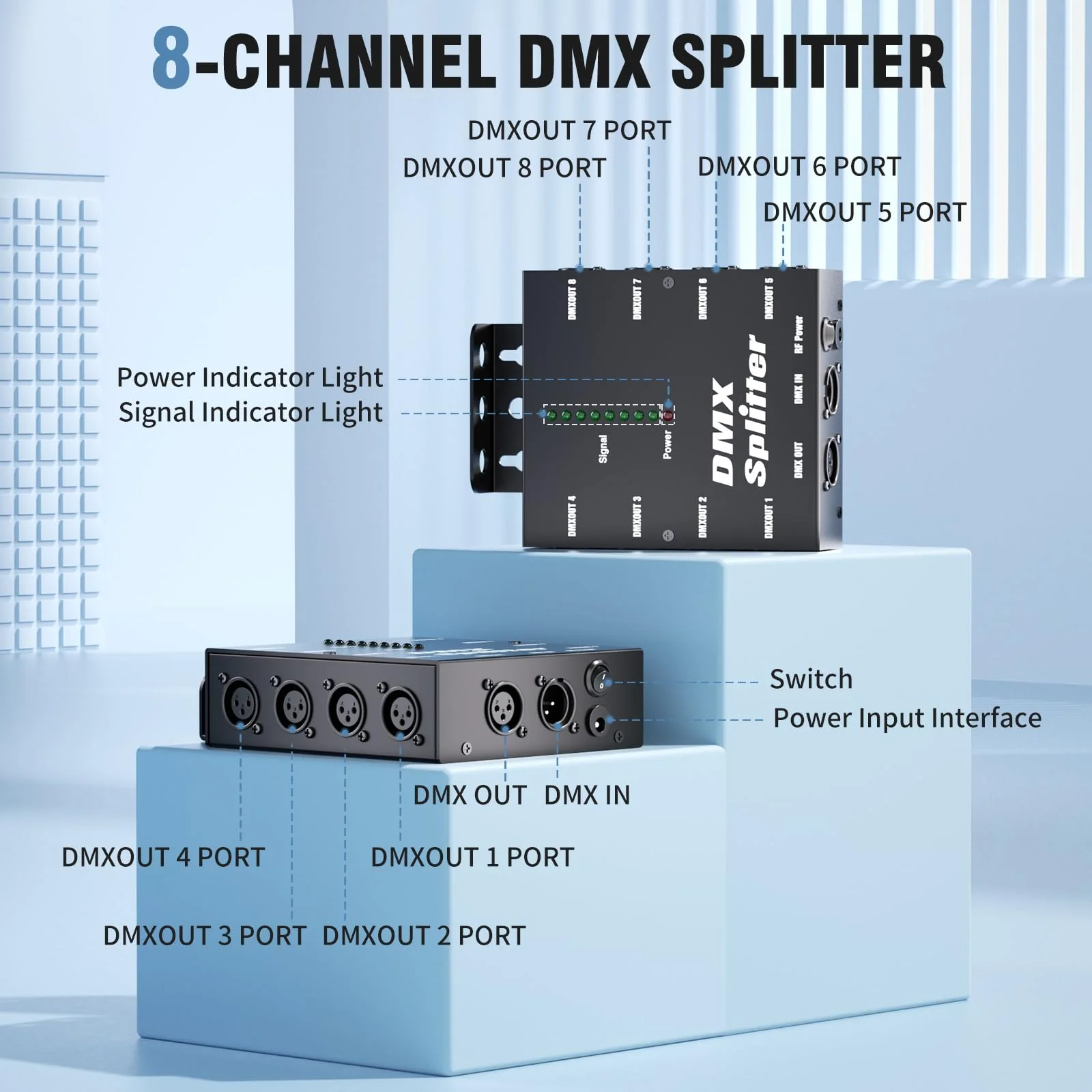 8-Way Isolated DMX512 Splitter Amplifier Distributor with 3-Pin Outputs XLR Signal Amplifier Transmitter Receiver for DJ Party LED Stage Lighting 1PCS - Image 4