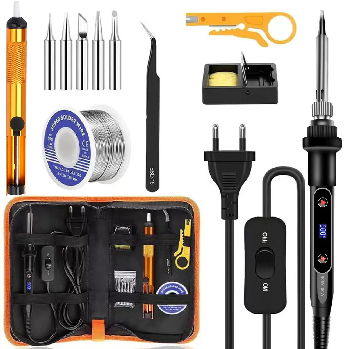 80 W LCD Soldering Iron Set, Soldering Iron, Soldering Set, Temperature Adjustable 180-520 °C Soldering Iron Set with On/Off Switch, Soldering Iron with 5 Tips, 50 g Soldering Wire, Desoldering Pump 80w