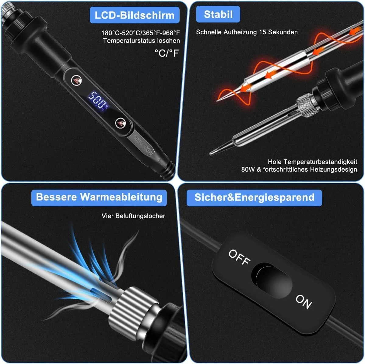80 W LCD Soldering Iron Set, Soldering Iron, Soldering Set, Temperature Adjustable 180-520 °C Soldering Iron Set with On/Off Switch, Soldering Iron with 5 Tips, 50 g Soldering Wire, Desoldering Pump 80w - Image 4