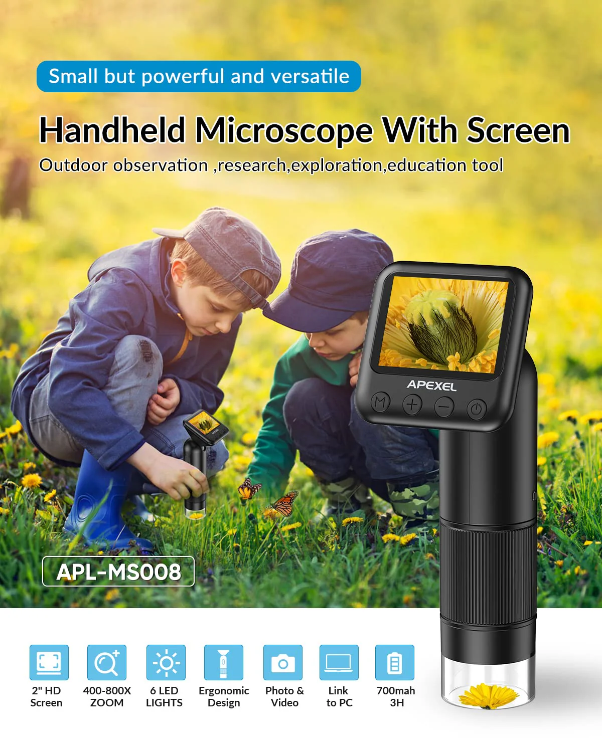 800X HD Handheld Digital Microscope for Adults, with 2" LCD Screen Pocket Microscope for Kids, USB Lab Handheld Digital Microscopes Equipment, with 32GB SD Card Black - Image 6