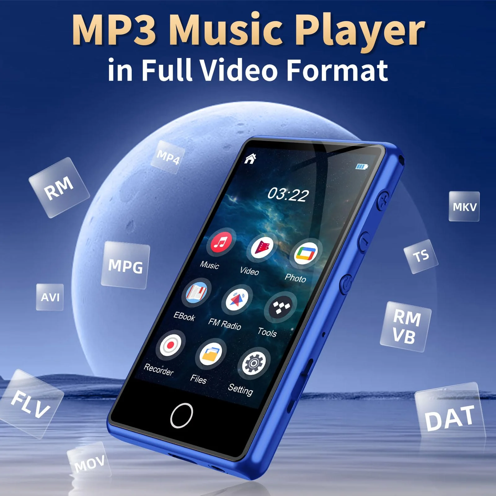 80GB MP3 Player with Bluetooth，3″Full Video Format Portable MP3 Player for Kids，MP4 Music Player with Speaker, FM Radio, Voice Recorder, Up to 256GB,Blue Blue - Image 4